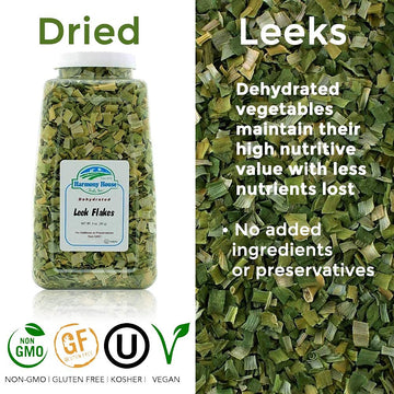 Harmony House Foods Dehydrated Leek Flakes - Air Dried Vegetables For Soup And Cooked Dishes, Great For Camping, Survival, And B