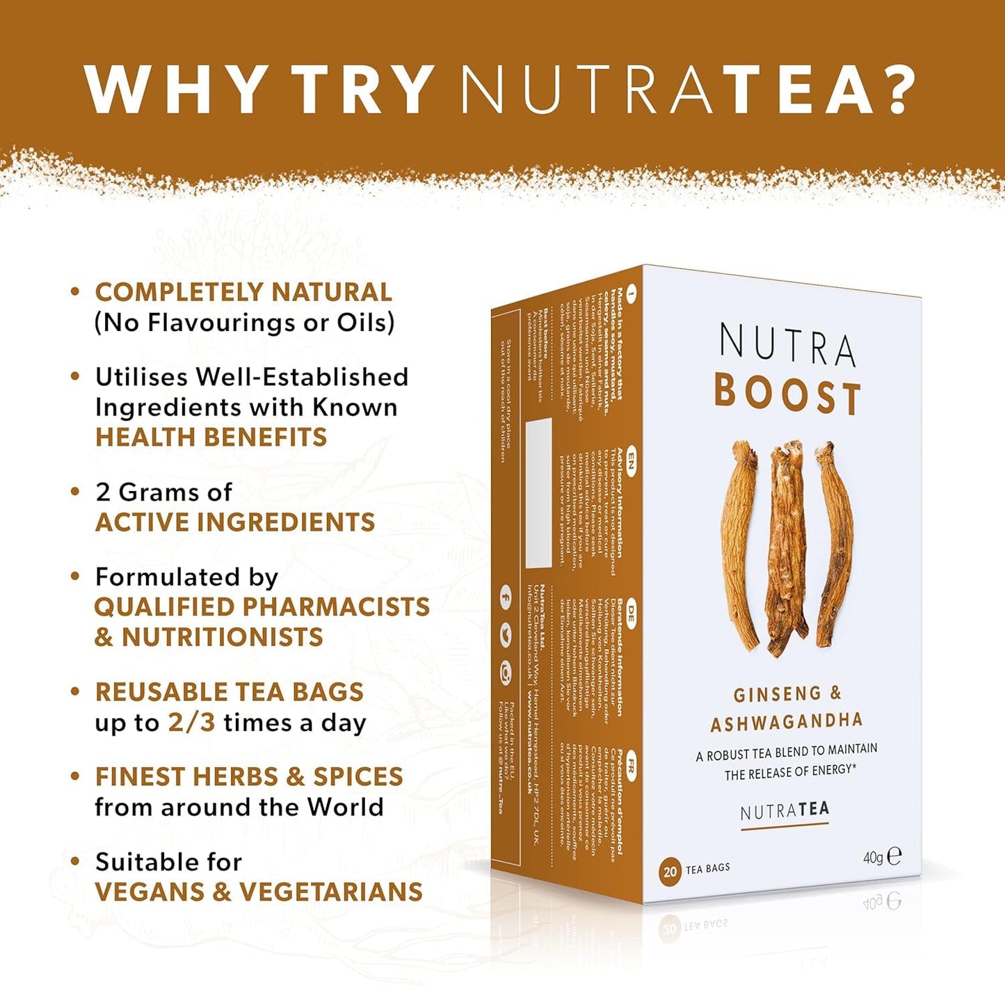Nutra Tea Herbal Energy Tea - Includes Green Tea, Ginseng & Ashwagandha - 20 Count Individually Wrapped Bags