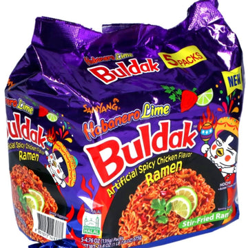 Samyang Buldak Hot Chicken Spicy Ramen Korea Instant Packaged Noodles,4.76 oz,Habanero Lime,5 Pack