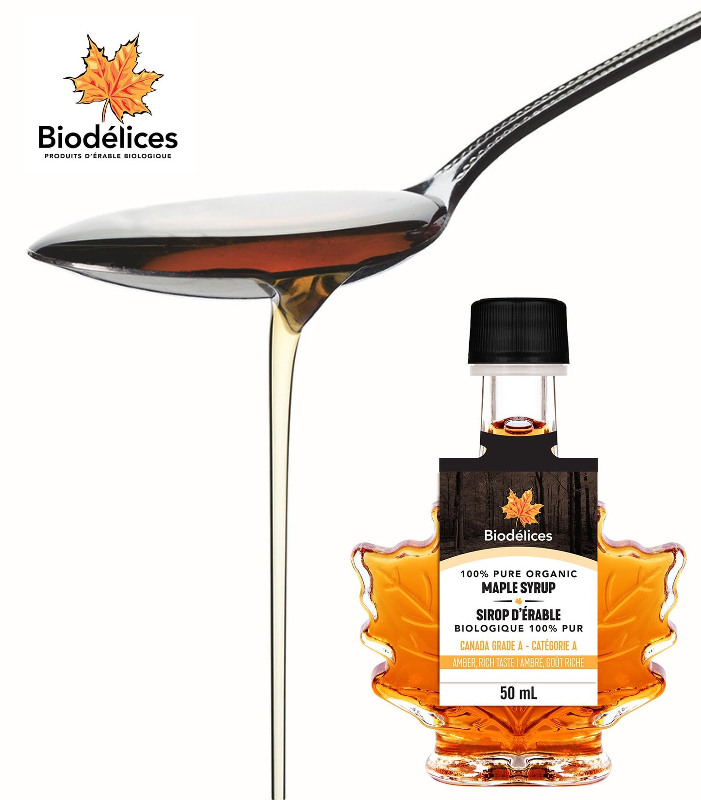 Biod  Lices 100% Pure Organic Maple Syrup - Premium Grade A - Quebec'S Finest In Elegant Maple Leaf Bottle (1.69 Fl Oz (Pack Of