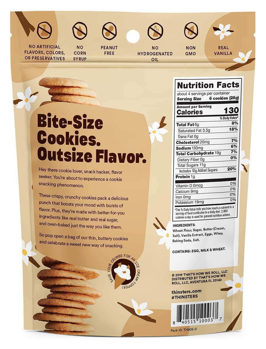 Thinsters Cookie Thins Cookies, Vanilla Bean, 4Oz (Pack Of 6), Non-Gmo, Peanut Free, No Corn Syrup, Crunchy Cookies, No Artifici