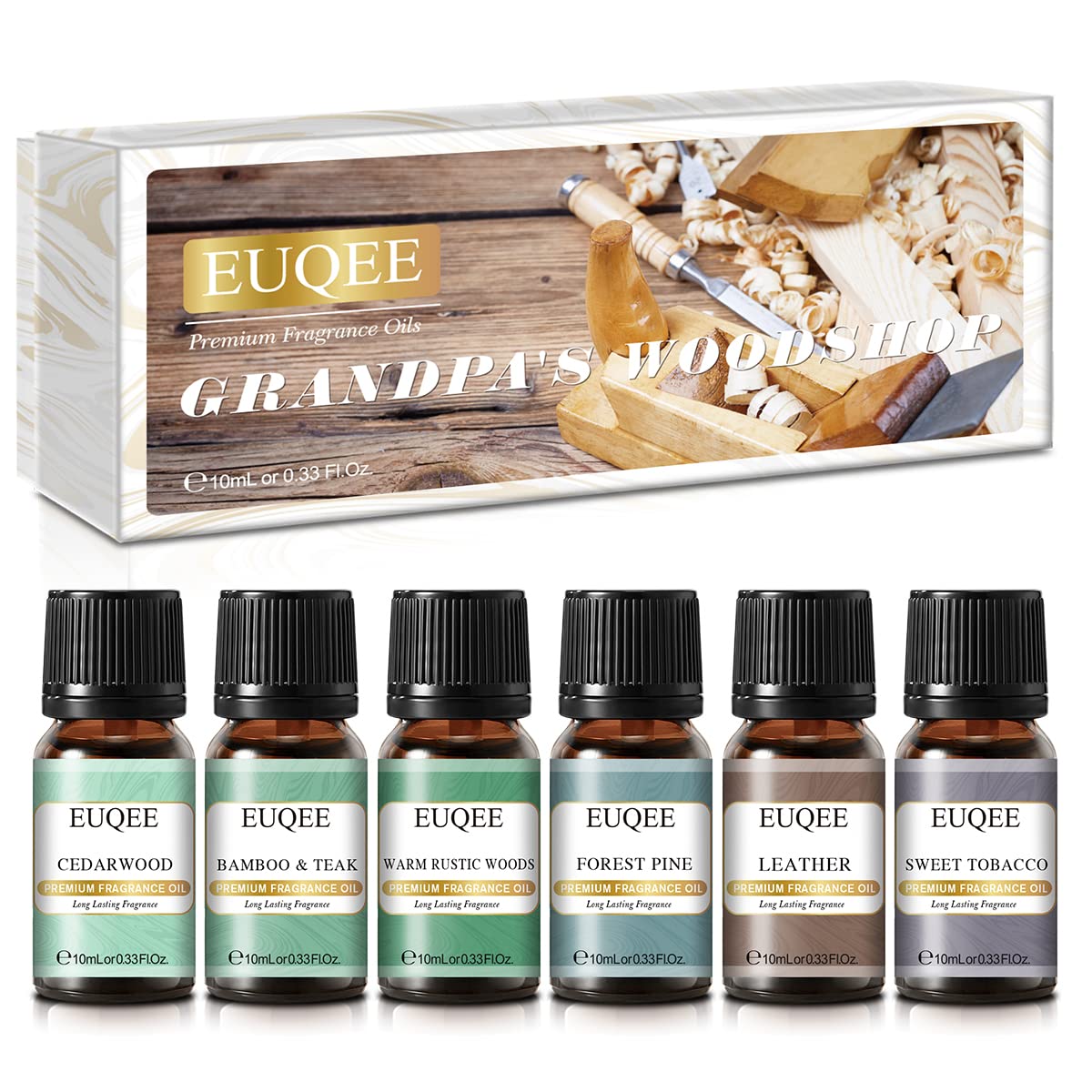 Euqee Fragrance Oils Gift Set Premium Woody Scented Oil - Forest Pine, Warm Rustic Woods, Bamboo & Teak, Cedarwood, Leather, Swe