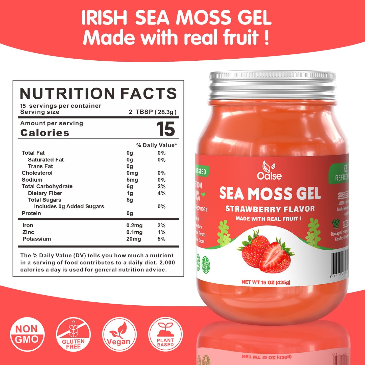 OALSE Sea Moss Gel - Natural Irish Seamoss Gel, 15 OZ, Non-GMO, Vegan, Gluten-Free, Strawberry