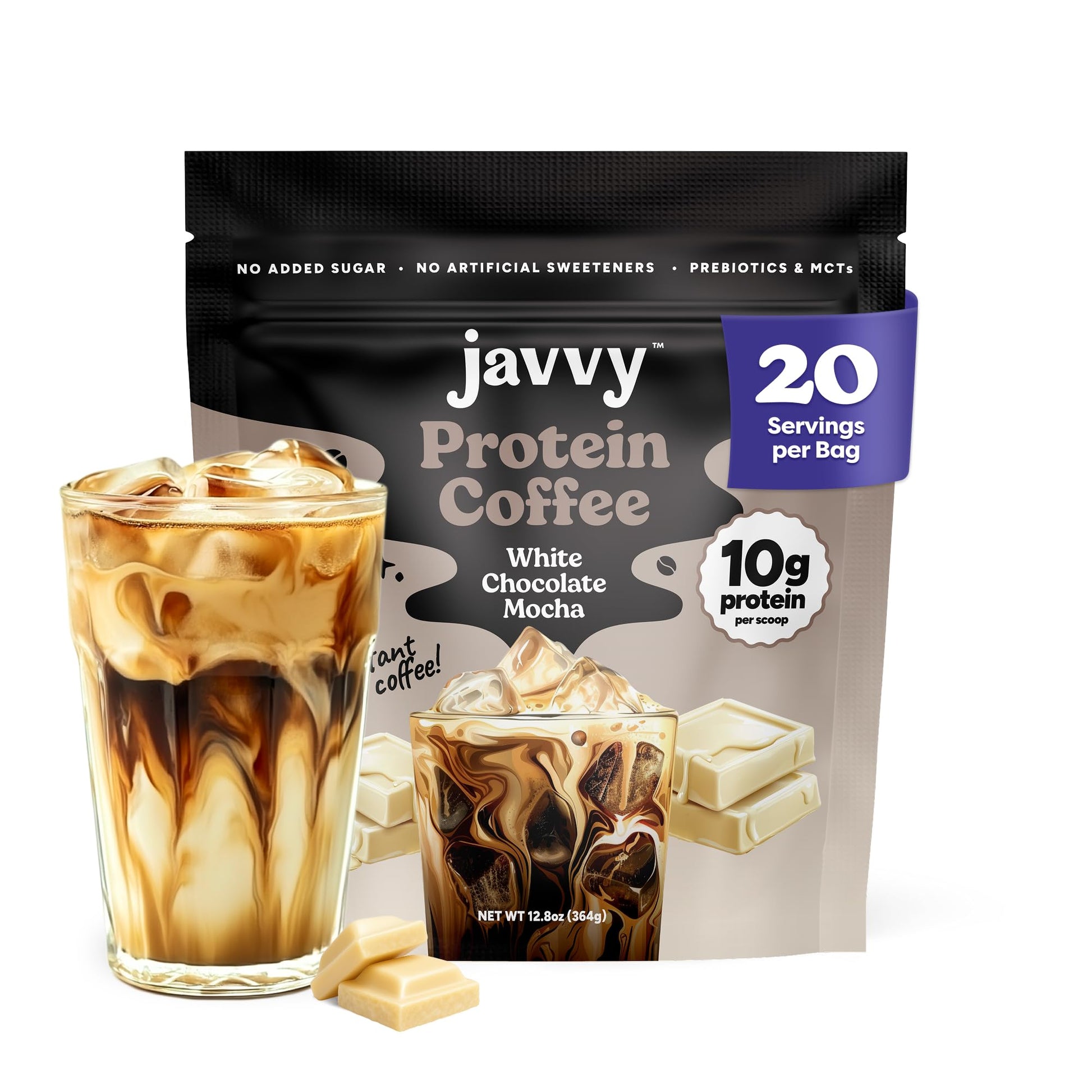 White Chocolate Mocha Protein Iced Coffee - enhanced Whey Protein & Instant Iced Coffees - 100% Natural Cold Brew Coffee - Zero Artificial Flavors & Sweeteners  80 mg Caffeine  0g of Sugar  20 Servings