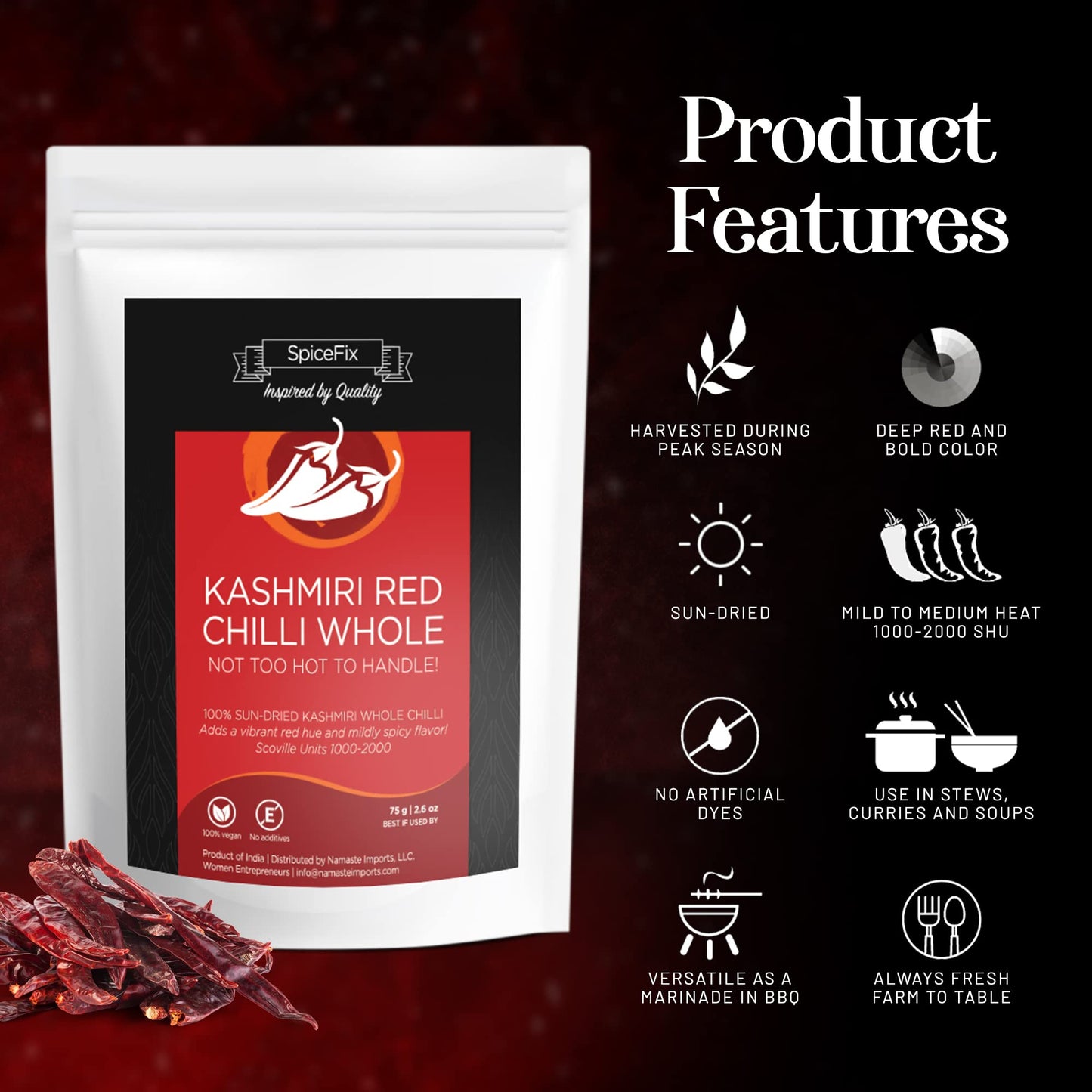 Spicefix - Whole Kashmiri Red Chilli Pepper, Mild To Medium Heat Natural Stemless Chillies, Sun-Dried Red Pepper, Indian Dried Chili Peppers In A Resealable Bag, 2.6 Ounces