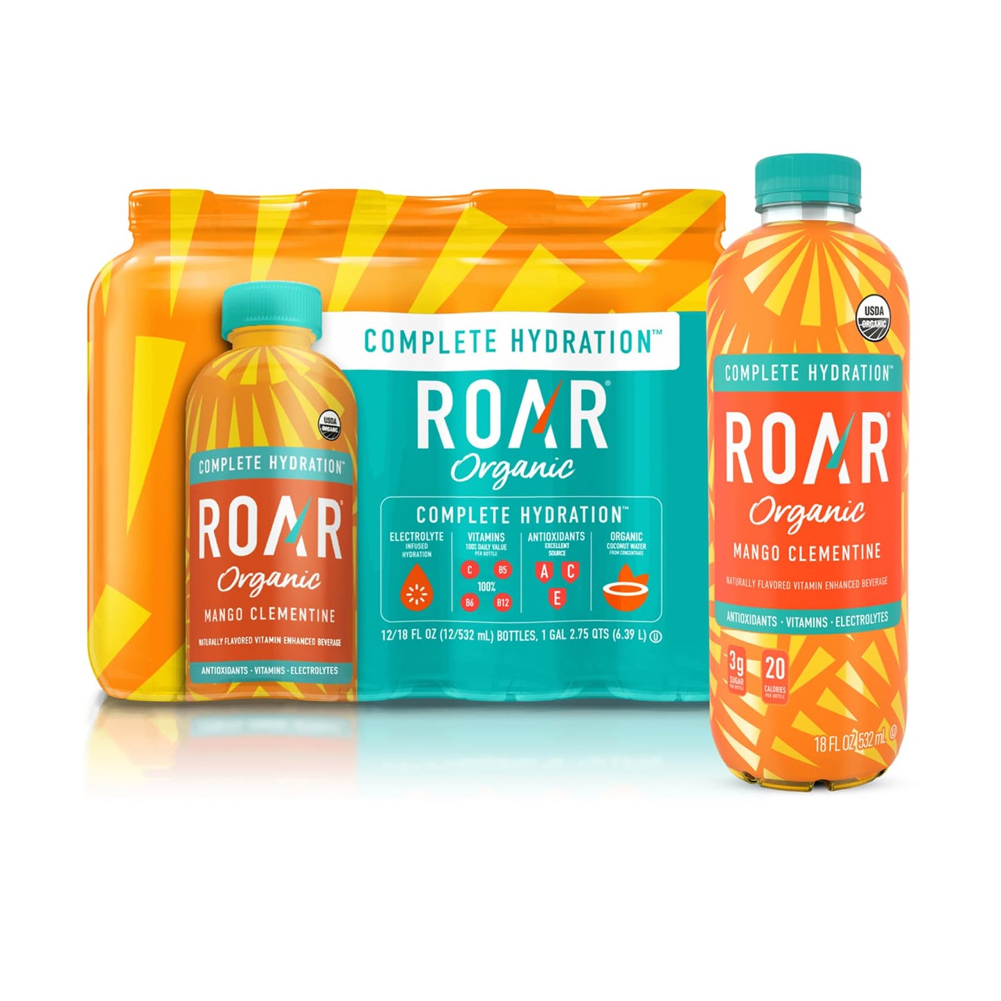 Roar Organic Electrolyte Infusions - Usda Organic - Mango Clementine - With Antioxidants, B Vitamins, Low-Calorie, Low-Sugar, Low-Carb, Coconut Water Infused Beverage 18 Fl Oz (Pack Of 12)