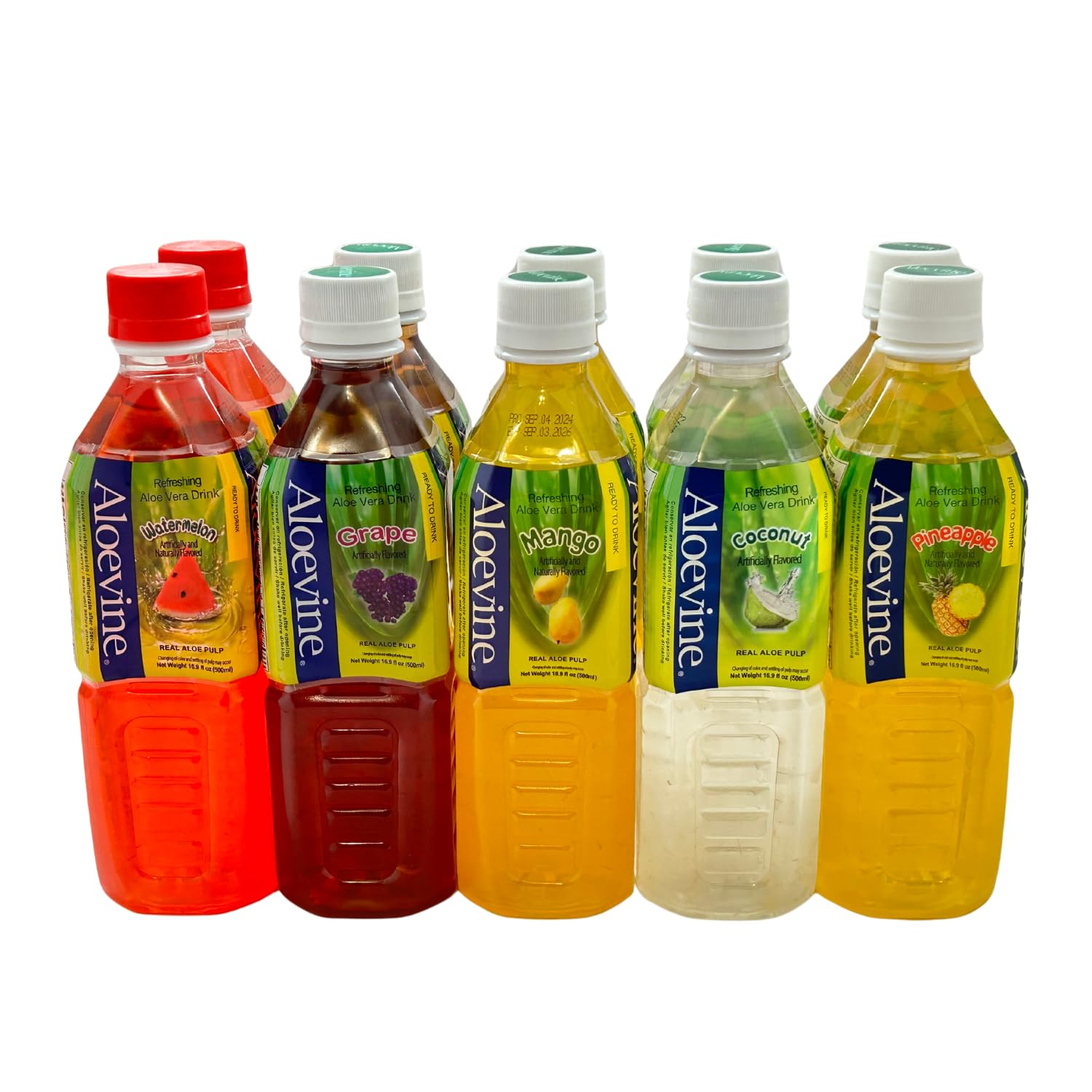 Aloevine Fruity Fun Variety Pack - Plant-Based Korean Drinks, 16.9 oz (Pack of 10) - Watermelon, Grape, Mango, Coconut, Pineapple