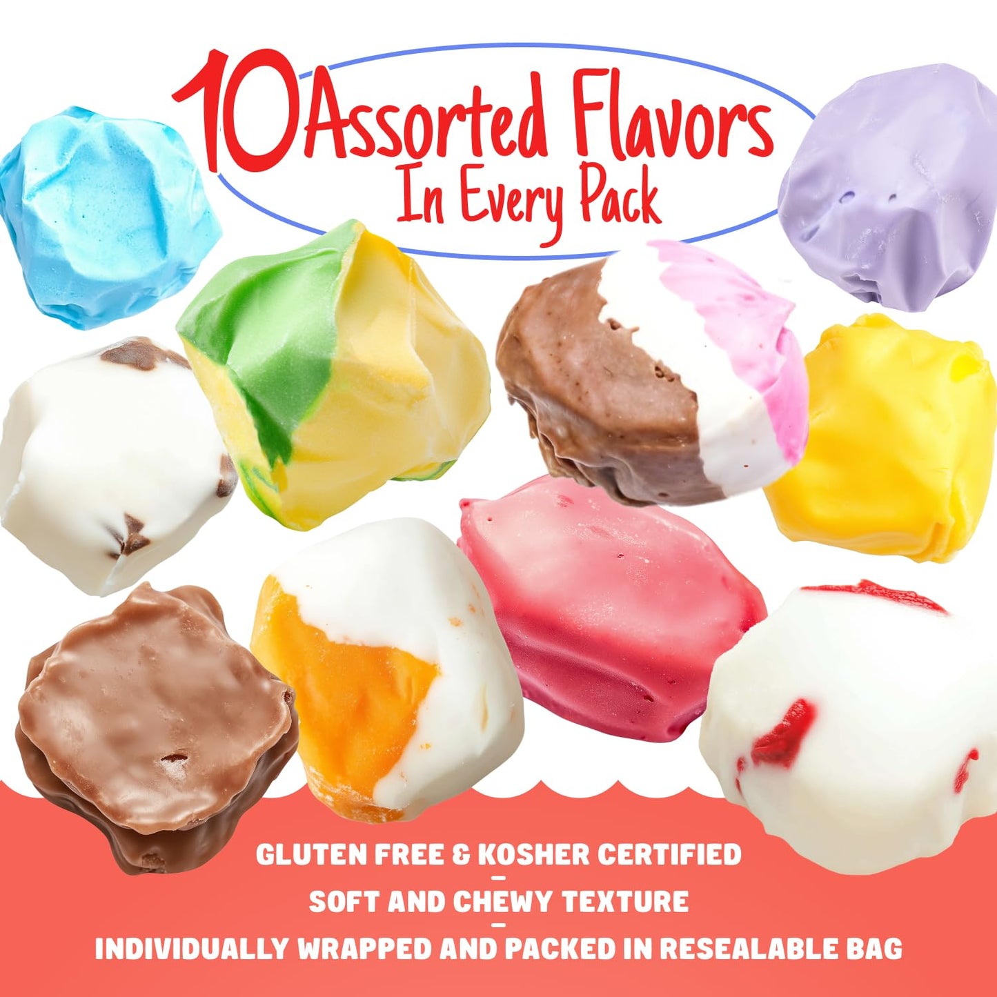 Salt Water Taffy 4 Lb - 10 Assorted Flavors, Individually Wrapped, Bulk Old Fashion Candy In Resealable Bag, Gluten Free, Kosher