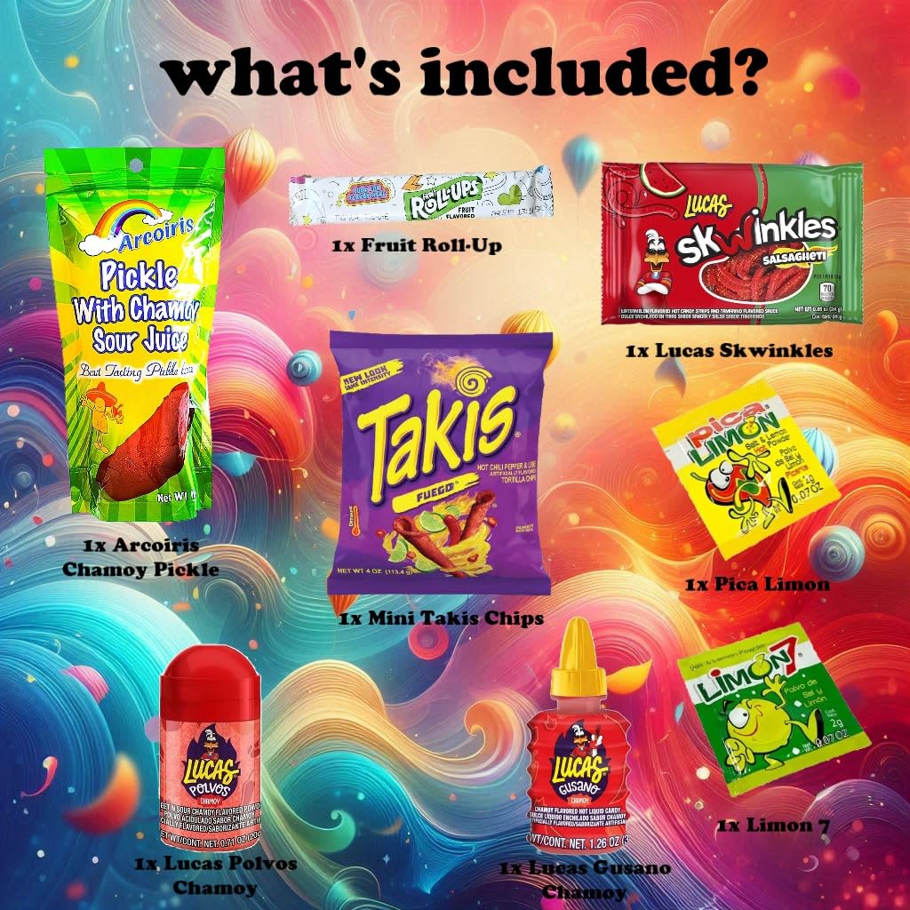 Chamoy Pickle Kit with Fruit Roll-Up, Chips, Lucas Gusano, Skwinkles and Popular Mexican Candy, As Seen on TikTok Trend Items by