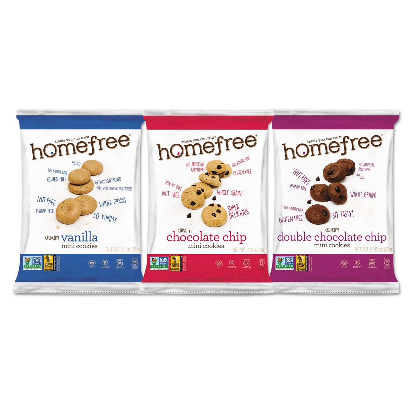 Homefree 01305 Gluten Free Mini Cookies Variety Pack, 1.1 Oz/0.95 Oz/1.1 Oz Packs, 30/Carton
