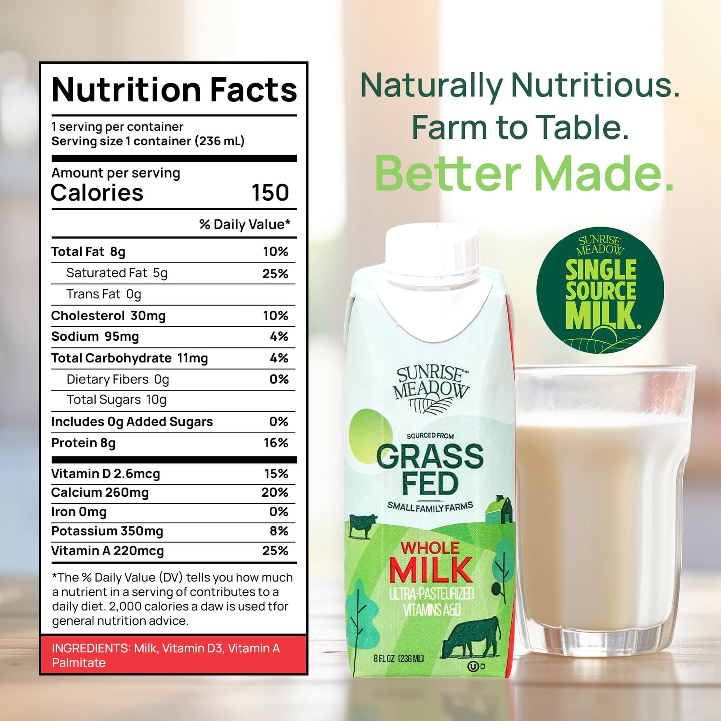 Sunrise Meadow Shelf Stable Whole Milk  Grass Fed Milk Carton Sourced from Small Family Farms  8oz Boxes (24 pack) Great for On the Go  No Refrigeration needed