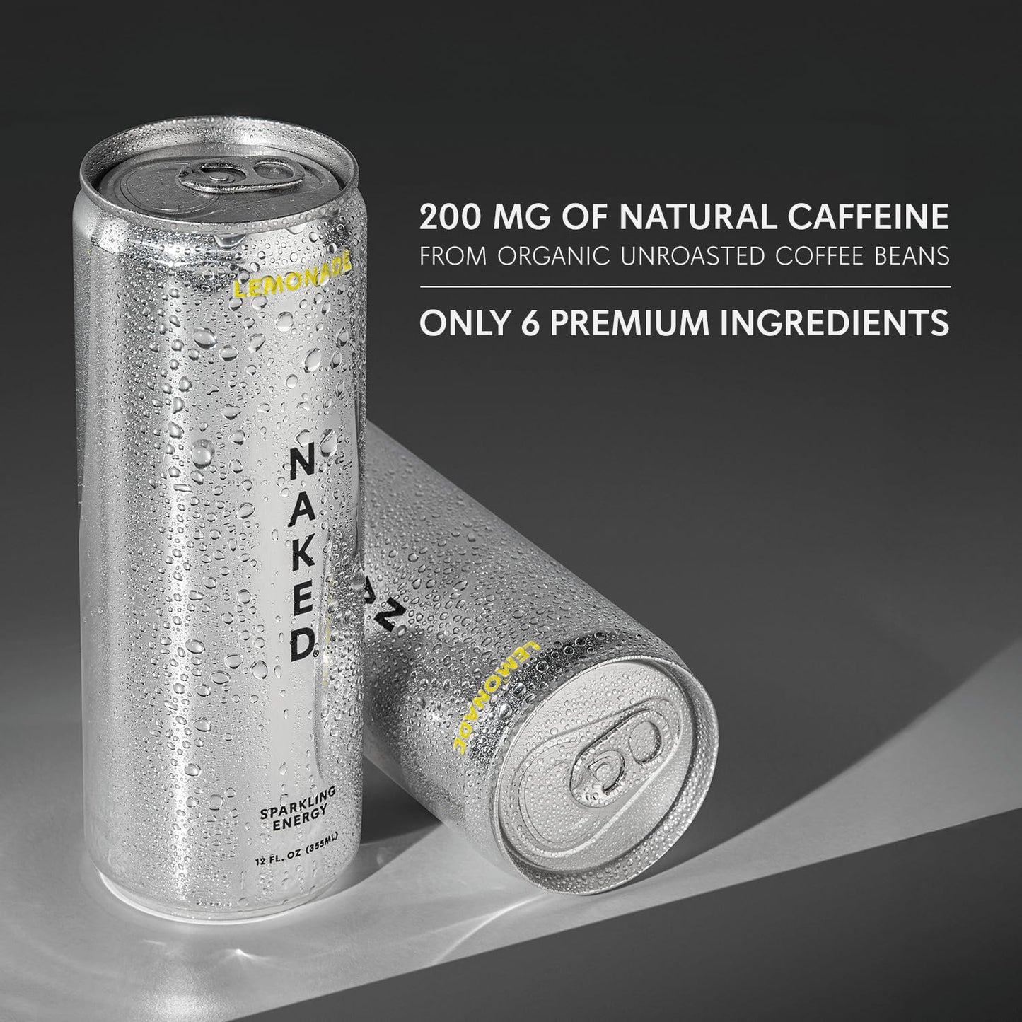 Naked Sparkling Energy Drink - Lemonade  Organic Caffeine  Organic Lemon Juice  Zero Sugar  No Sucralose  Naturally Sweetened  Natural Energy Drinks  Vegan  Gluten-Free  Non-GMO - 12oz Cans (Pack of 12)