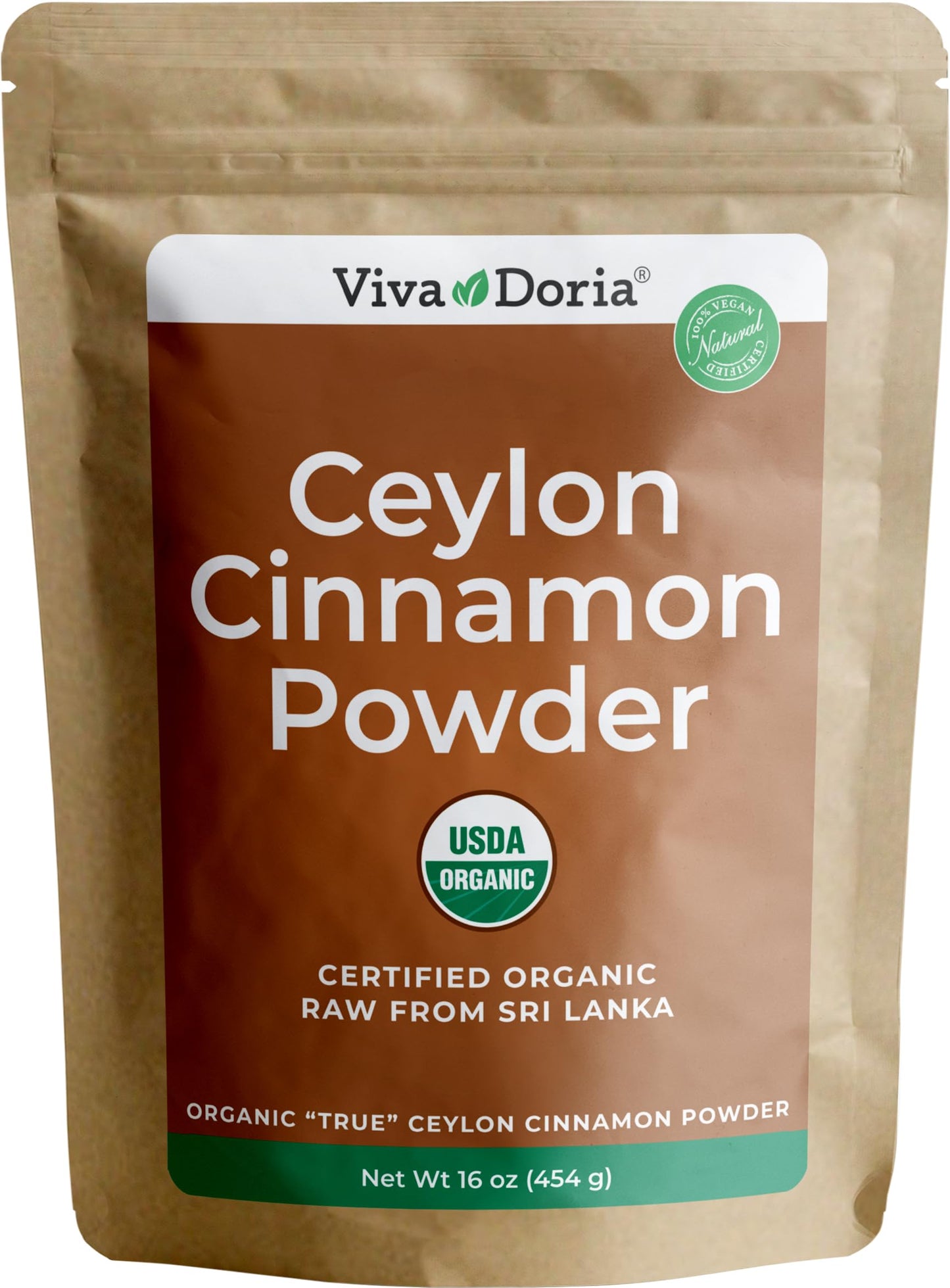 Viva Doria Organic Ceylon Cinnamon Powder, 100% Raw, Ground, 16 Oz Resealable Kraft Bag