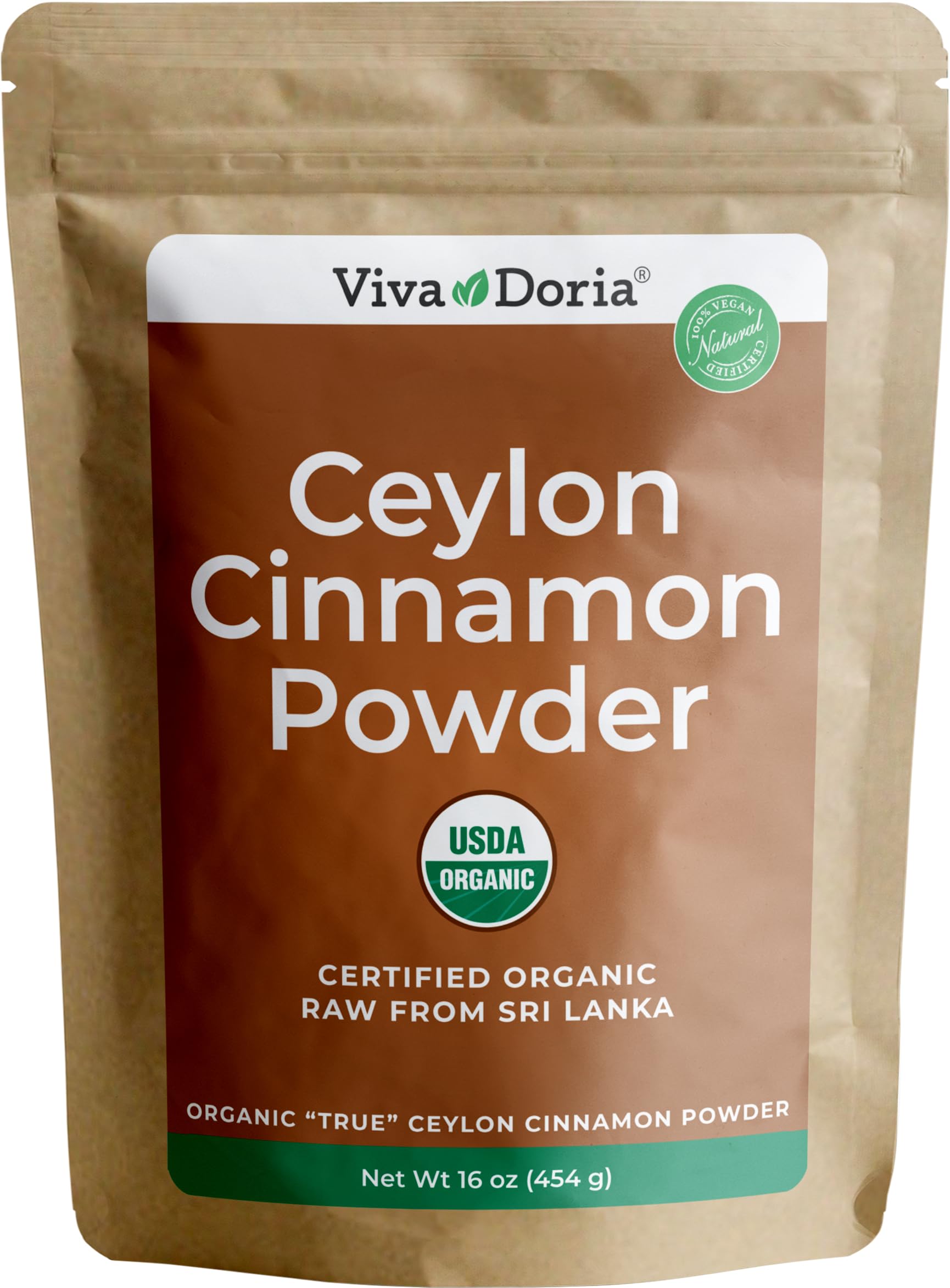 Viva Doria Organic Ceylon Cinnamon Powder, 100% Raw, Ground, 16 Oz Resealable Kraft Bag