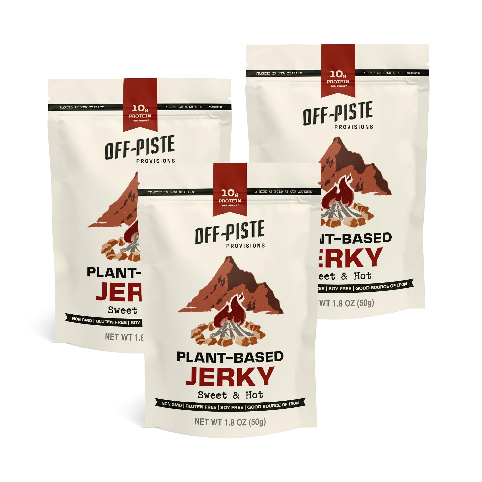 Off-Piste Sweet n Hot Plant-Based Jerky, 1.8oz., Pack of 3 - High Protein Healthy Snacks Vegan Jerky for Recovery, School, Offic