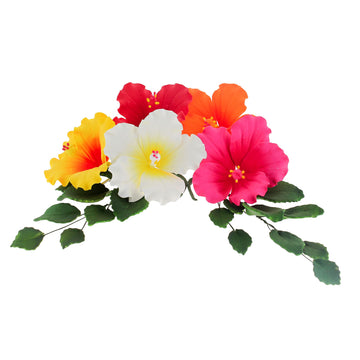 Global Sugar Art Hibiscus Sugar Cake Flowers, Assorted Colors Hawaiian Cake Flower Large, 5 Count And Leaf Sprays By Chef Alan Tetreault