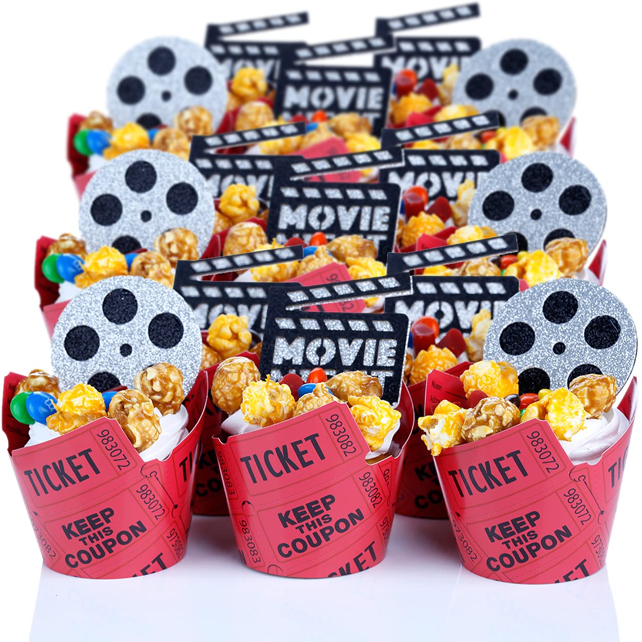 Pretty Cute Studios Raffle Ticket Cupcake Wrappers, 36 Count, Red, Cardstock - Circus, Carnival, Movie Night Party Decorations