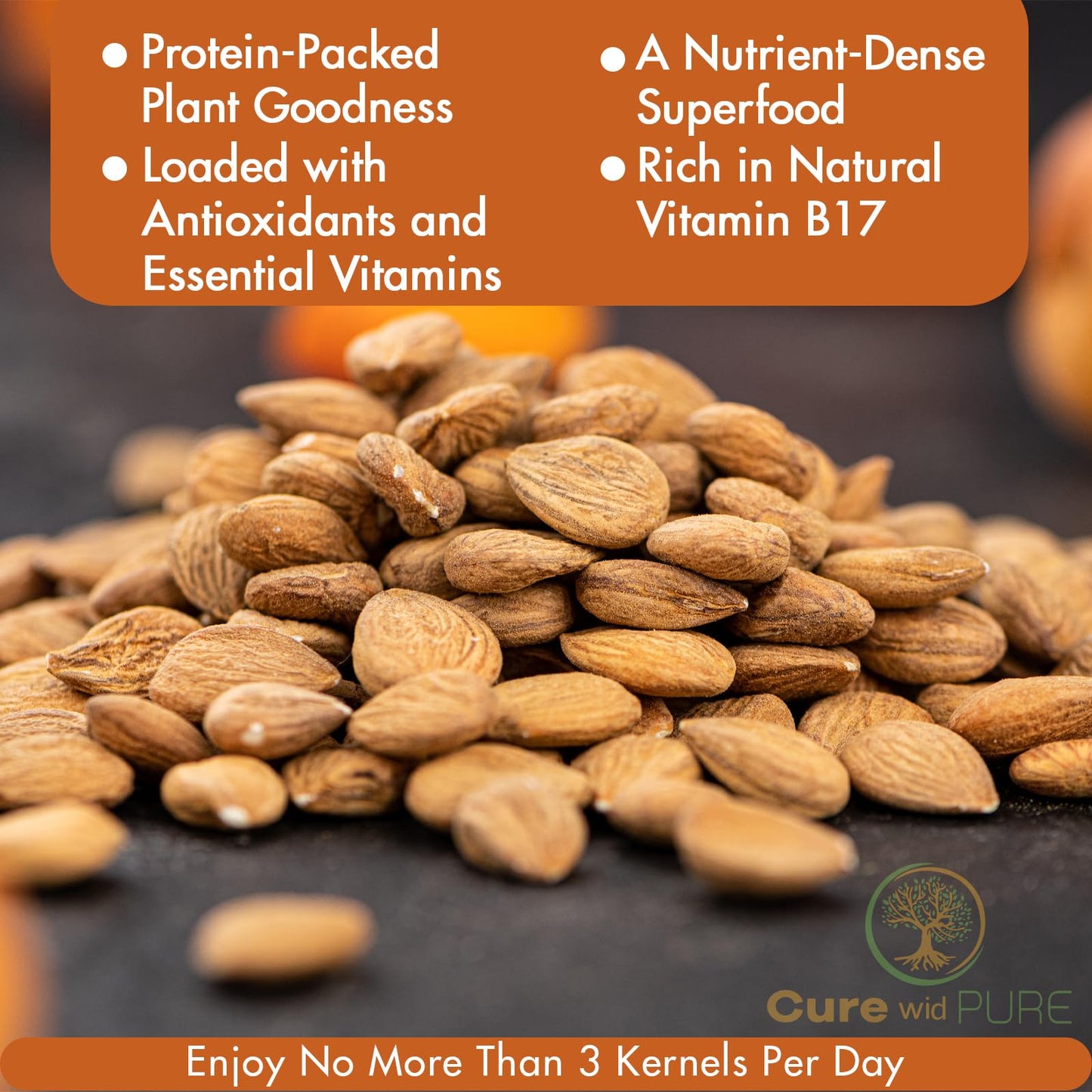 Cure wid Pure Certified Organic Apricot Seeds 1lb -Freshly Packed Gluten Free Raw Non-GMO Organic Bitter Apricot Kernels - Rich in  - Eco-Friendly Resealable Pack Max 3 Kernels Per Day