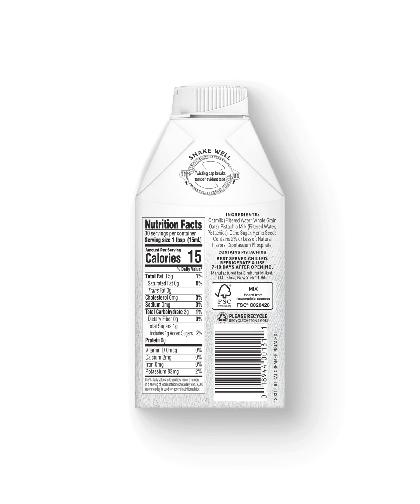 Elmhurst 1925 Pistachio Crme Oat Creamer - 16 Ounce (Pack of 6) Dairy-Free, Vegan, Kosher, Low Sugar, Shelf Stable Creamer Made