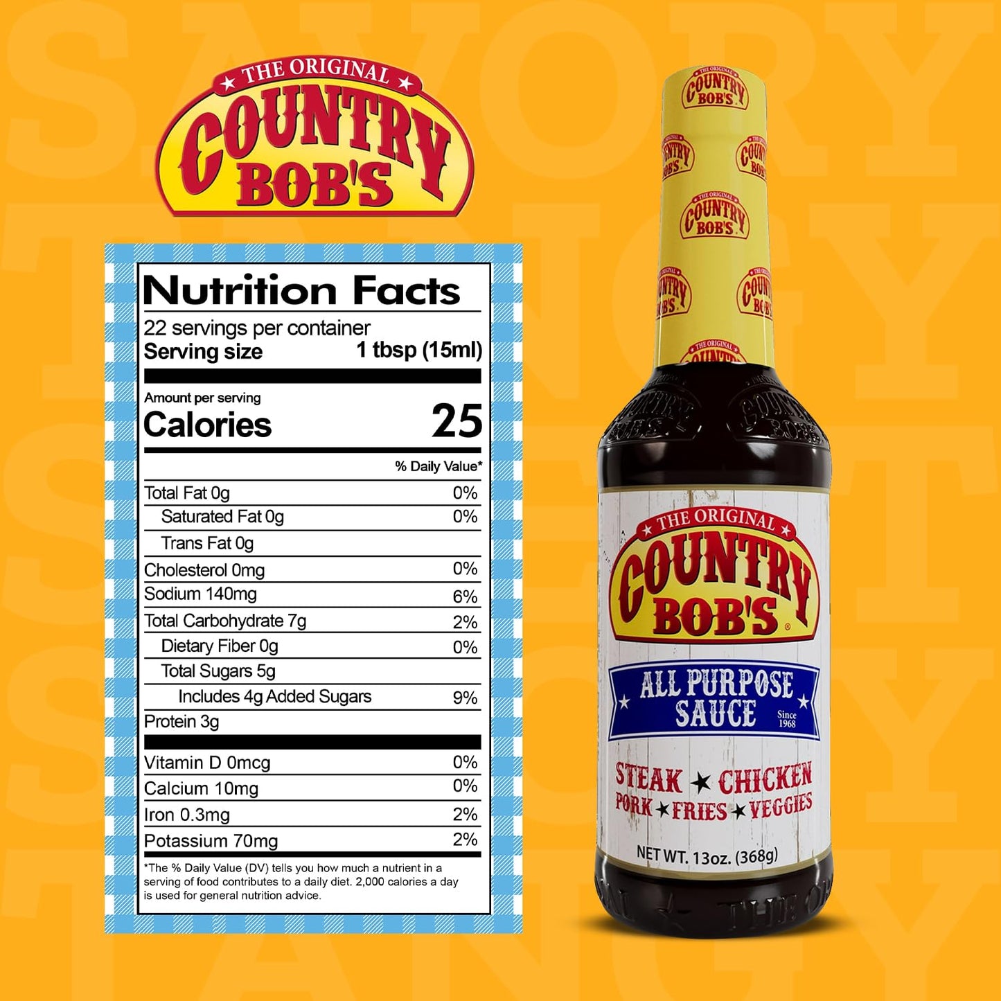 Country Bob'S The Original All Purpose Sauce - Tangy Sweet Savory Flavor, Grilling, Marinating, Enhances Meat, Veggies, Fish, 13