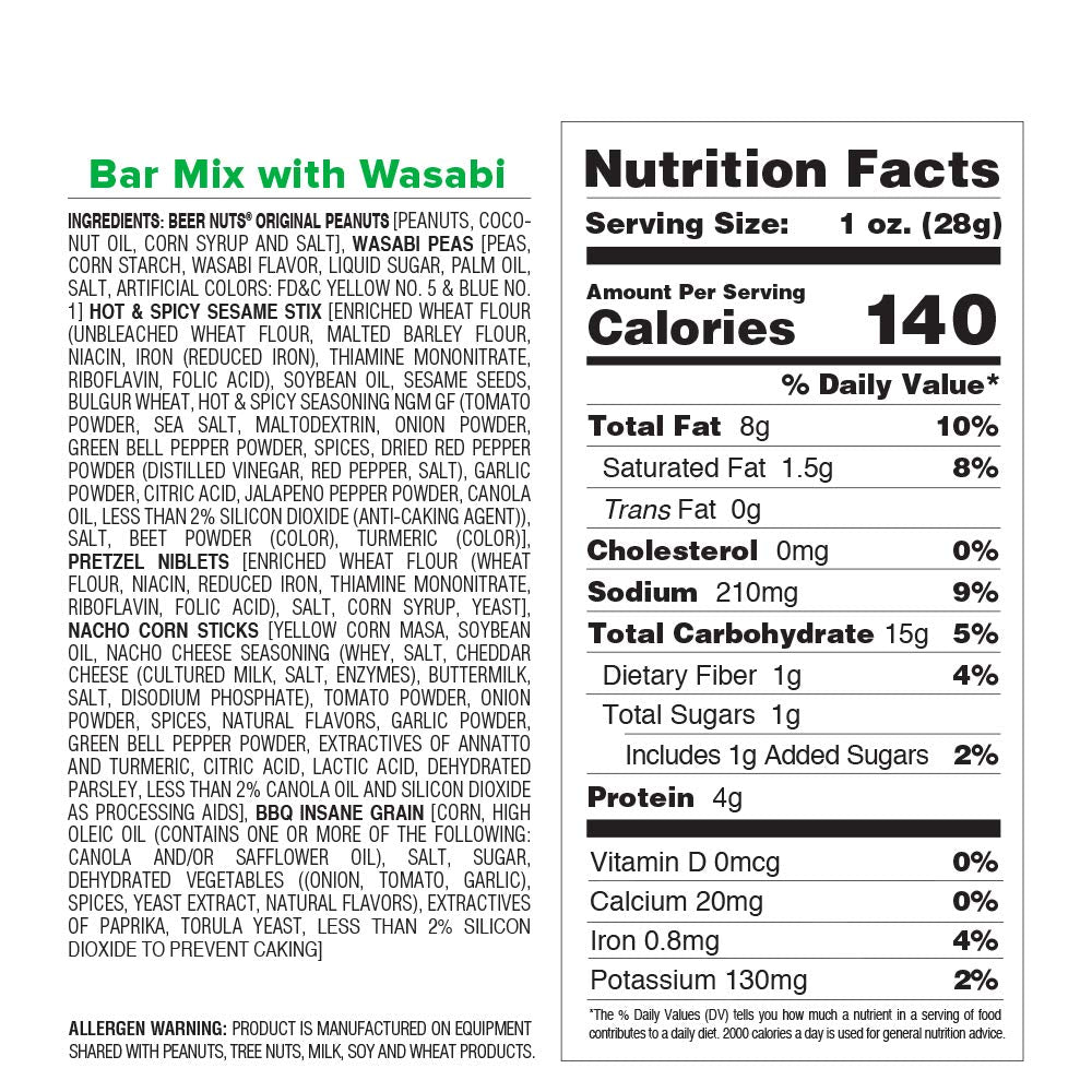 Malt-Inspired Nuts Bar Mix W/Wasabi - Pretzels, Cheese Stix, Sesame Stix, Insane Grain & Wasabi Peas - 12Oz Resealable Jar (Pack Of 1)