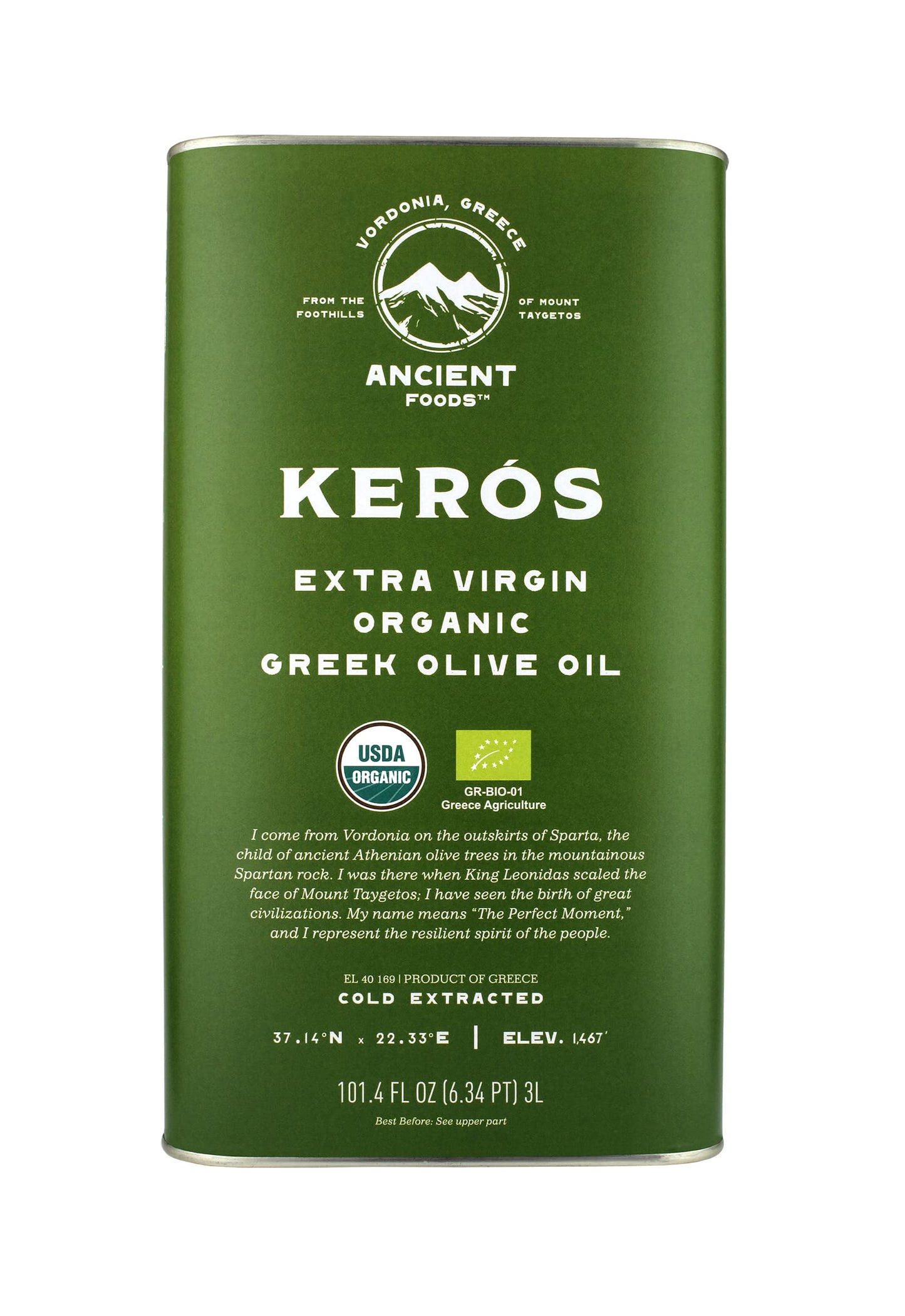 Ancient Foods Keros Greek Organic Extra Virgin Olive Oil - Cold Pressed Olive Oil From Greece, High Phenolic Organic Olive Oil F