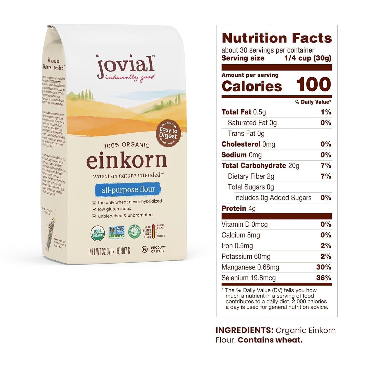 Jovial 100% Organic Einkorn All Purpose Flour - Baking Flour, High Protein, USDA Certified Organic, Unbleached Flour, Product of