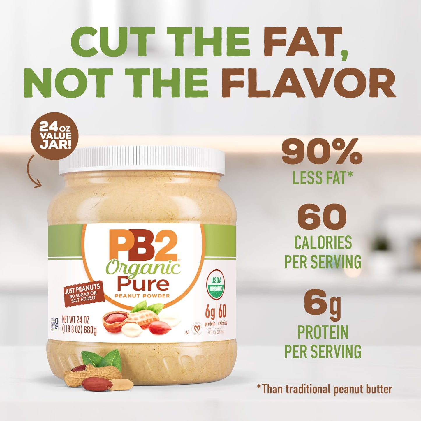 PB2 Organic Powdered Peanut Butter, Non-GMO, Vegan, Keto Friendly, 24oz Resealable Jar