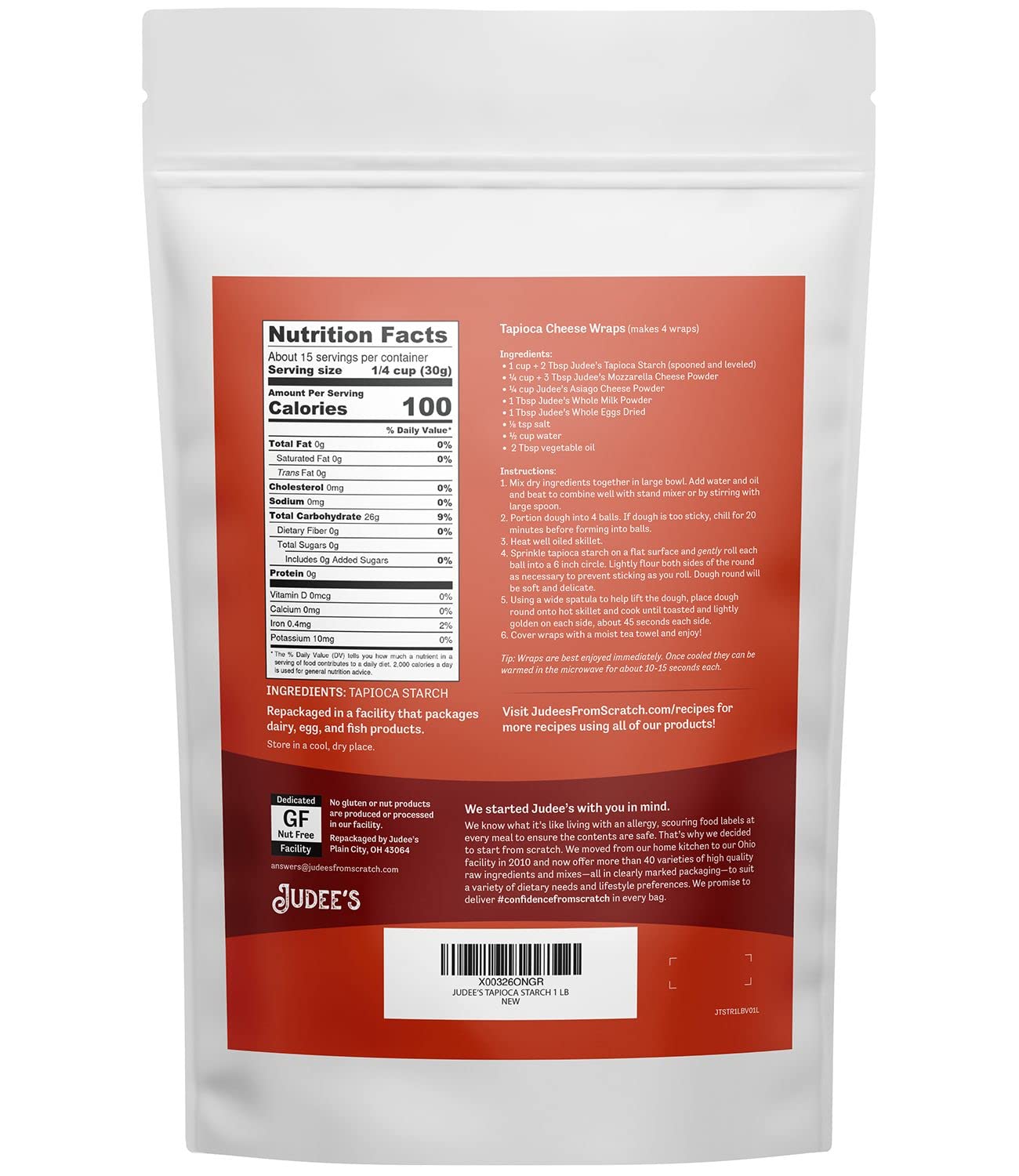 Judees Tapioca Starch 1 lb - Non-GMO, Gluten-Free and Nut-Free - Great for Gluten-Free Baking, Cooking, Thickening, and Making B