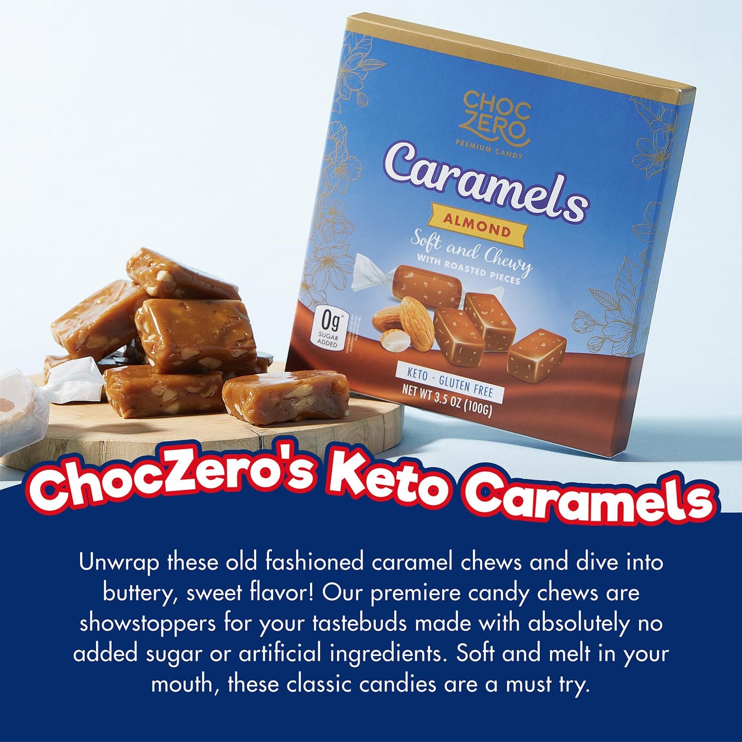 Choczero Sugar Free Almond Caramels, Soft And Chewy With Roasted Almonds, Keto Candy, All Natural, Low Carb Snack (3.5Oz Box)
