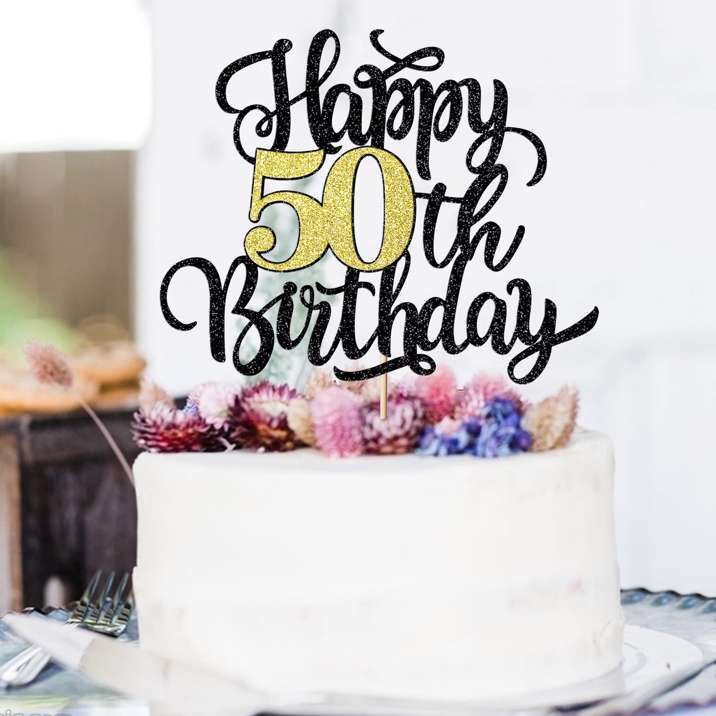 Leetaivie Happy 50Th Birthday Cake Topper, Black Gold Glitter Birthday Cake Topper, 50Th Anniversary/ 50Th Birthday Party Decora