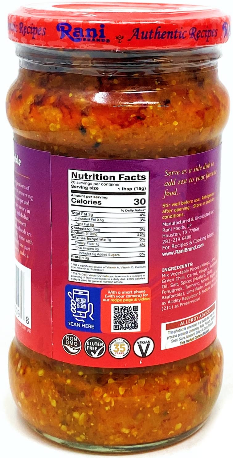 Rani Mixed Vegetable Pickle (Achar, Spicy Indian Relish) 10.5Oz (300G) Glass Jar ~ Vegan | Gluten Free | Non-Gmo | No Colors | P