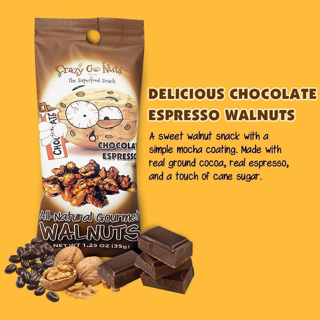 CrazyGoNuts Walnuts - Chocolate Espresso, 1.25 oz, 6-Pack, Healthy Snacks, Vegan, Gluten Free, Superfood, Natural, Non-GMO, ALA,