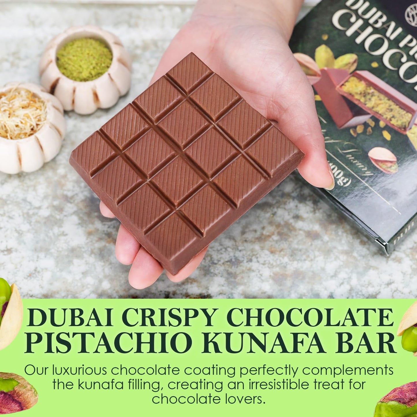 Dubai Chocolate Bar, Pistachio Chocolate Knafeh Bar -3.5 Oz, (100G) Pistachio, Luxurious Gift & Indulgent Snack