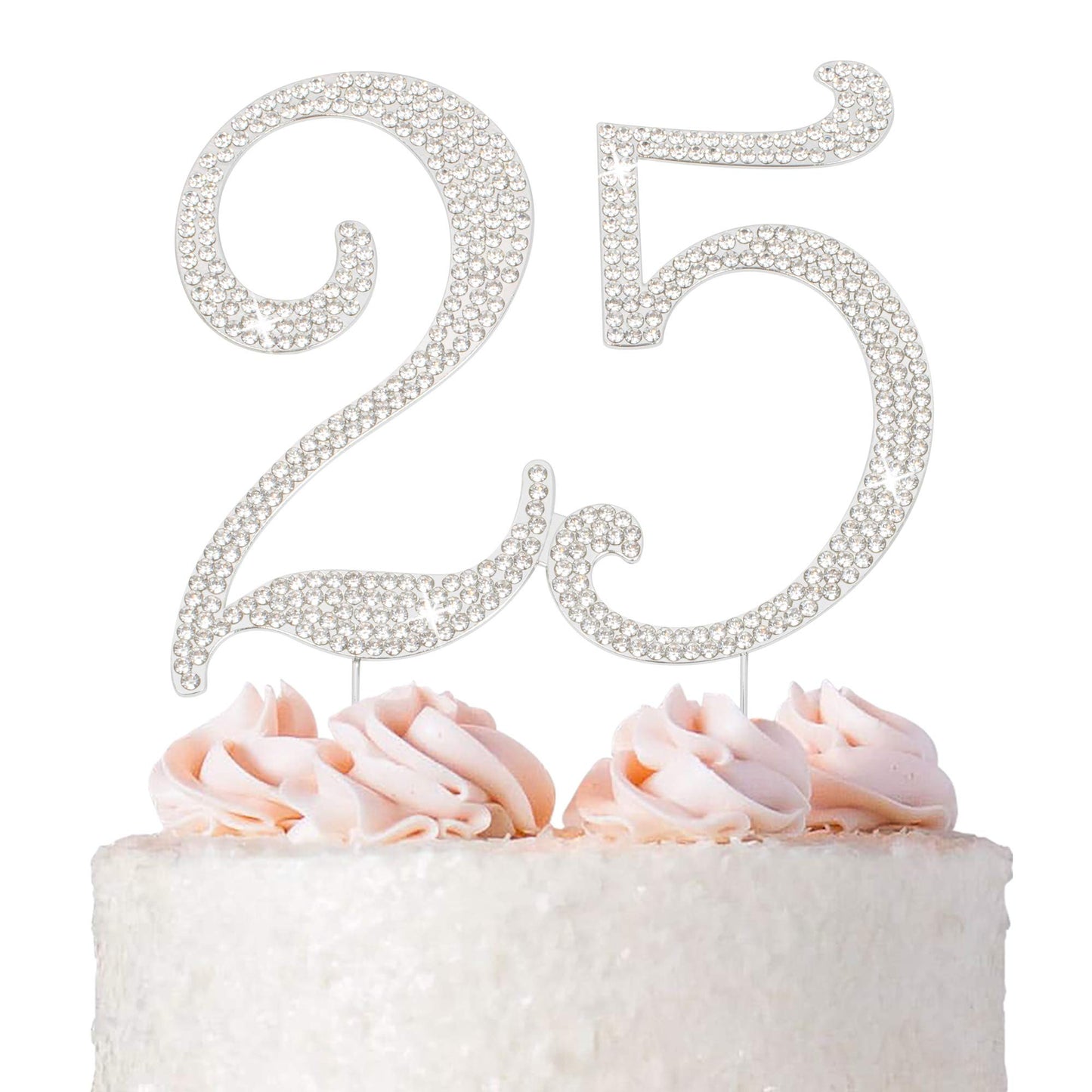 Crystal Creations 25 Cake Topper - Premium Silver Metal Decoration, Rhinestone Centerpiece, 1 Count, 25th Birthday/Anniversary