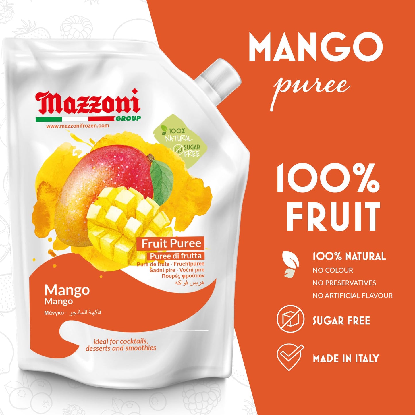 Mazzoni Mango Puree, 100% Pure Mango, Just Fruit, No Sugar Added, 2.2 Lbs (35.2 Oz) Real Fruit For Smoothies, Drinks, Cocktails,