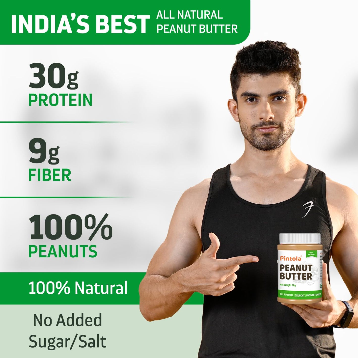 Pintola All Natural Peanut Butter (Crunchy) | Unsweetened | 30G Protein | Non Gmo | Gluten Free | Vegan | Cholesterol Free (1Kg)