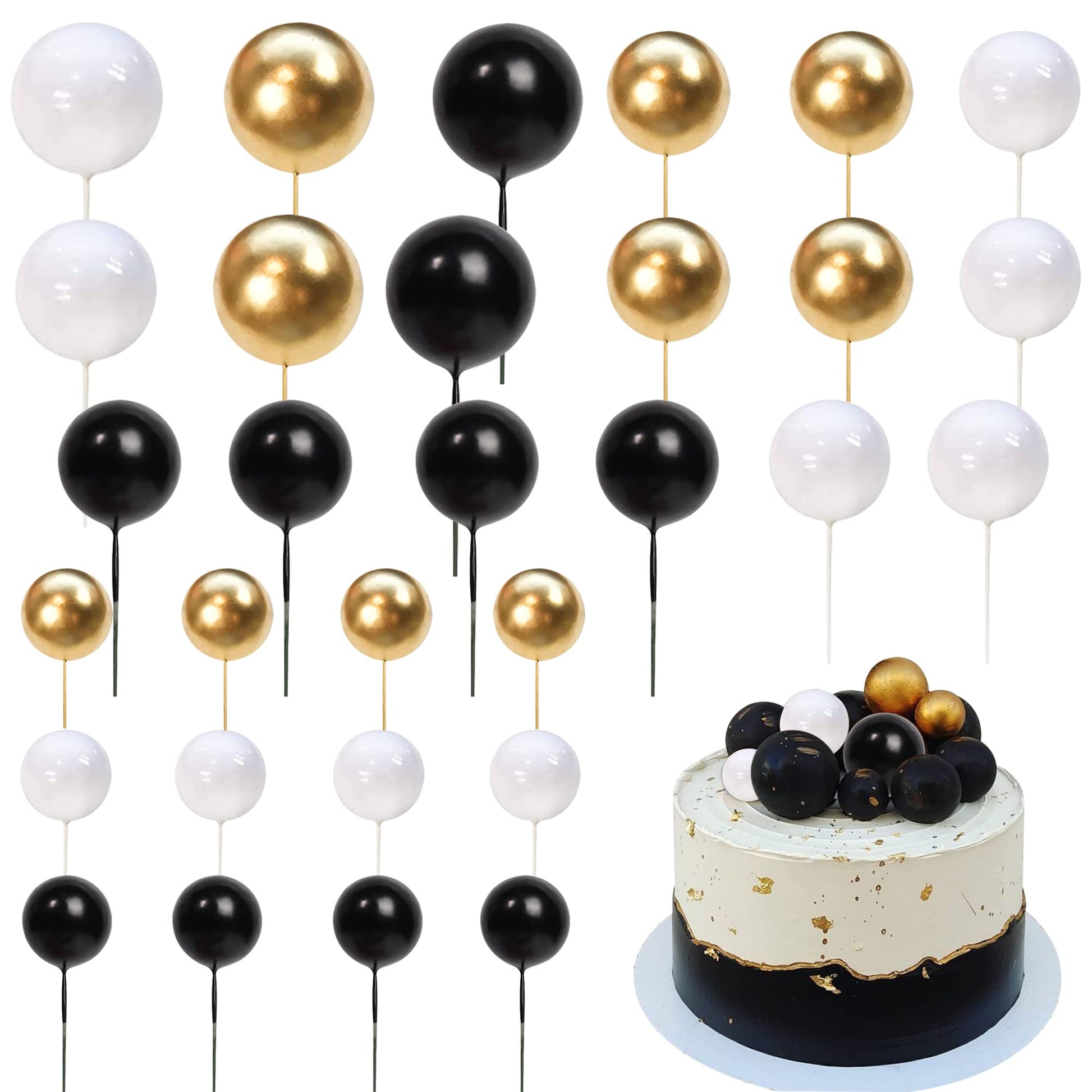 Rsstarxi Foam Ball Cake Toppers, 30 PCS Faux Pearl Picks for Baby Shower, Wedding, Kids Birthday Party, Black Gold White