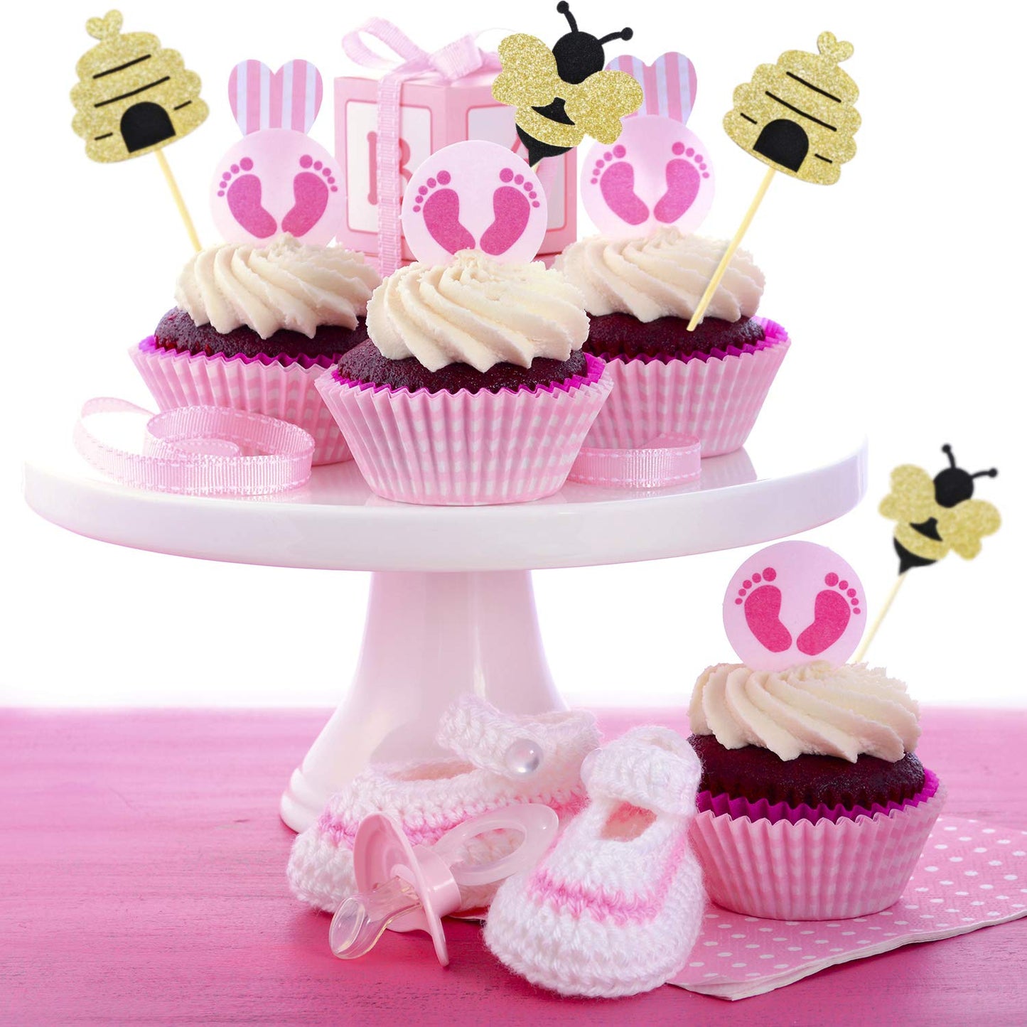 Zonon 50 Pieces Bee Toothpicks Bulk Bee Cupcake Toppers Glitter Bee Cake Picks Decorations For Baby Shower Birthday Party Favors