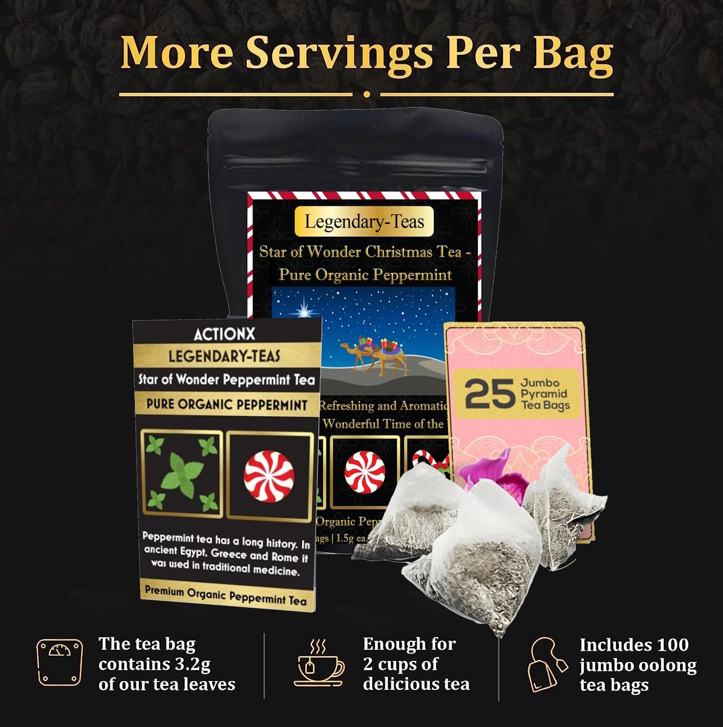 Legendary-Teas Star Of Wonder Peppermint Tea - 25 Pack - Pyramid Tea Bags Sealed In Foil Pouches (Pure Peppermint Tea, 25 Pack P