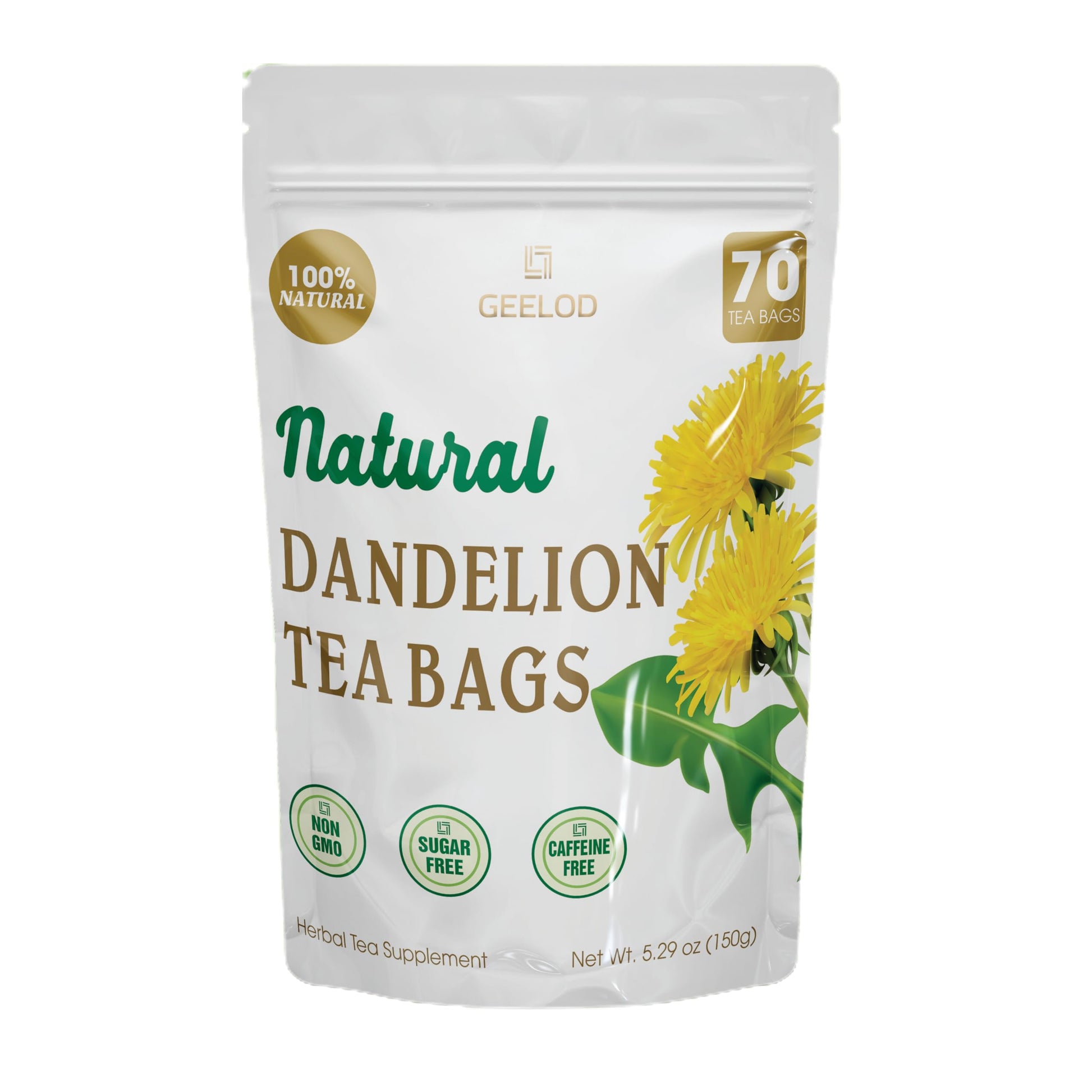 GEELOD Organic Dandelion Root Tea Bags, 70 Count, Non-GMO, Caffeine-Free, Vegan, Eco-Conscious