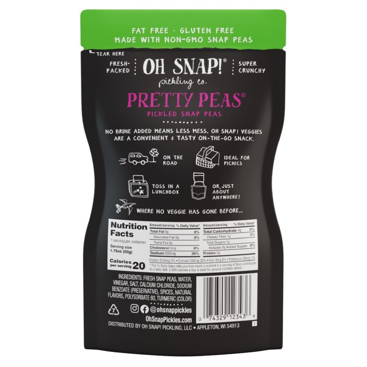 Oh Snap! Pretty Peas (12 Pack) - Pickled Sugar Snap Peas Snacks - Fresh Packed Ready To Eat - Gluten-Free, Fat-Free & Made With