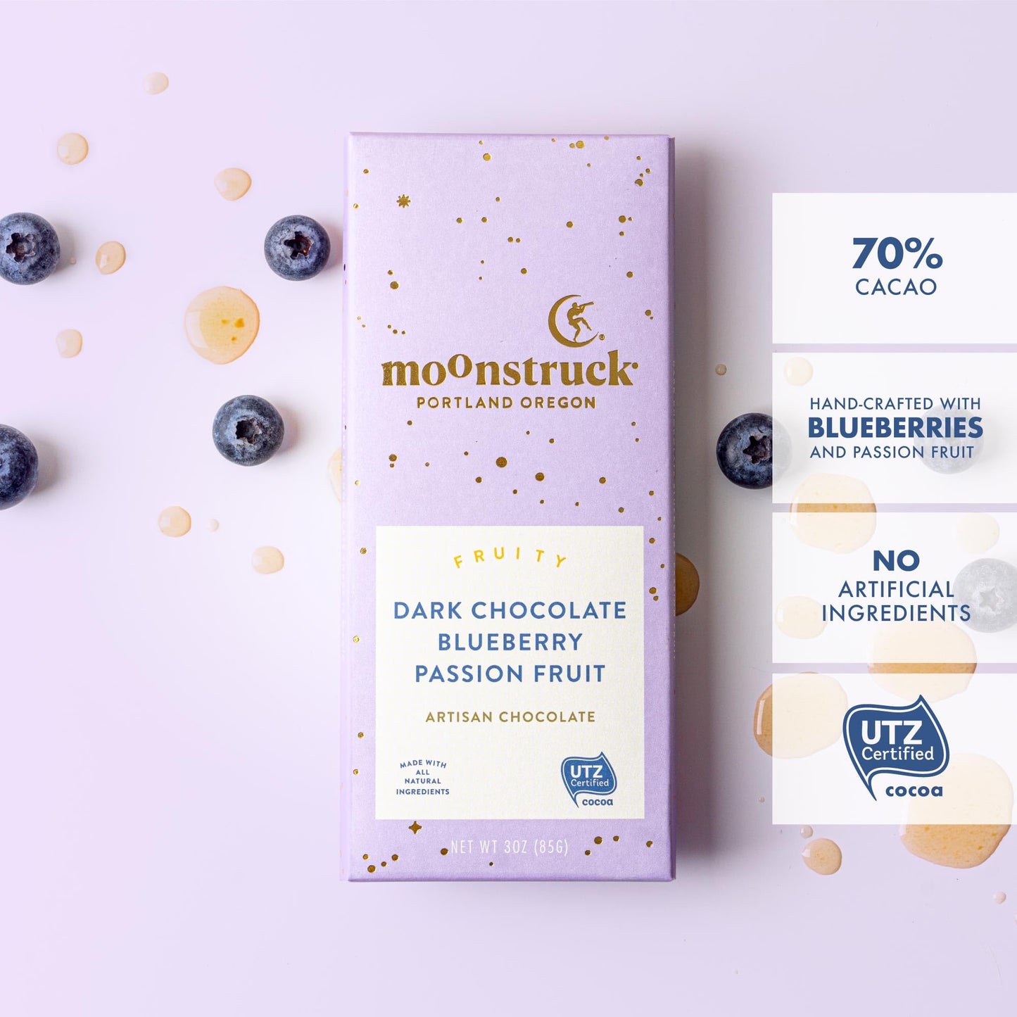 Moonstruck Chocolate Blueberry And Passion Fruit Dark Chocolate Bar, 68% Cacao, 3.0Oz (Pack Of 12)