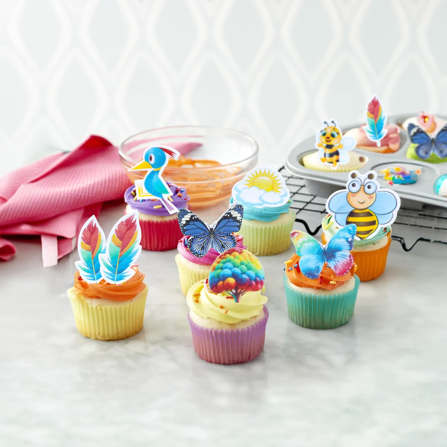 Gyufise 62Pcs Edible Butterfly Tree Cupcake Toppers Bee Bird Theme Birthday Cupcake Toppers Decorations Summer Hawaiian Cupcake