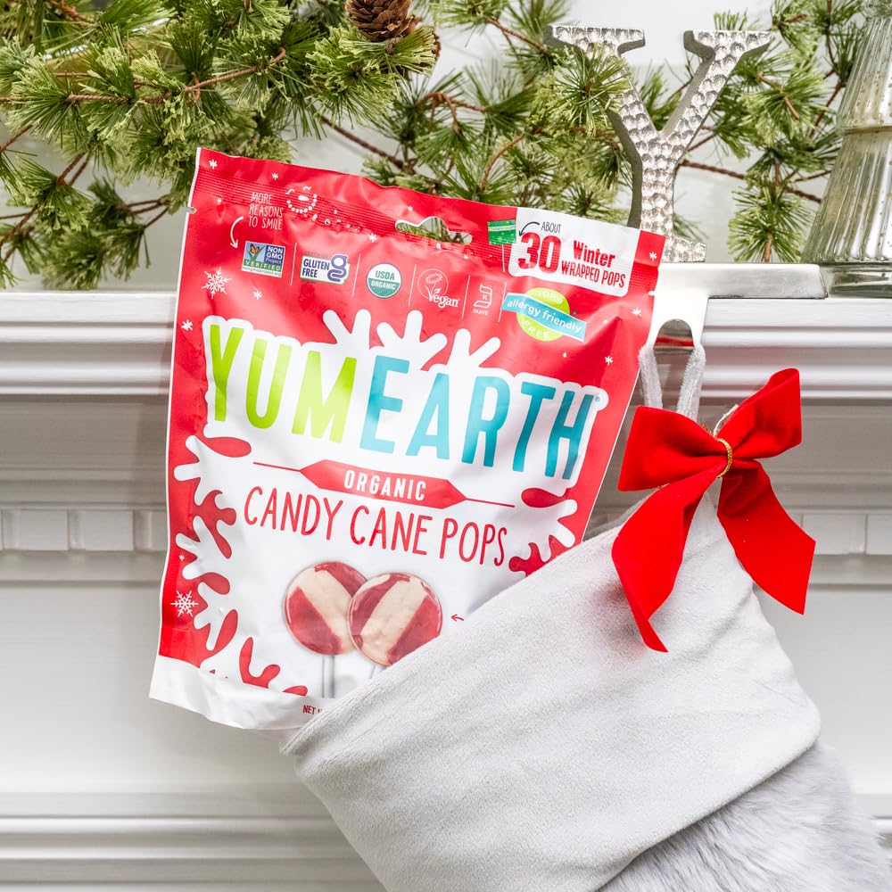 Yumearth Organic Candy Cane Lollipops - Individually Wrapped Peppermint Pops - Dye Free, Allergy Friendly, Non Gmo, Gluten Free,