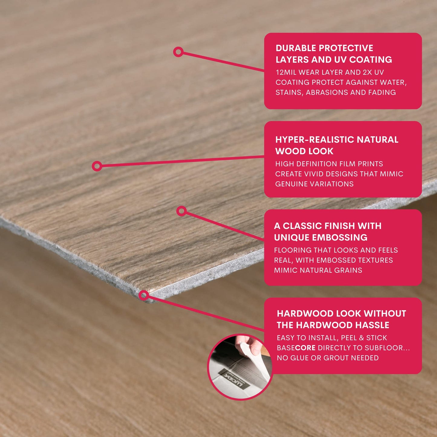 Lucida Surfaces Luxury Vinyl Flooring Tiles-Peel And Stick Floor Tile For Diy Installation-Sample Wood-Look Plank-Honey-Basecore