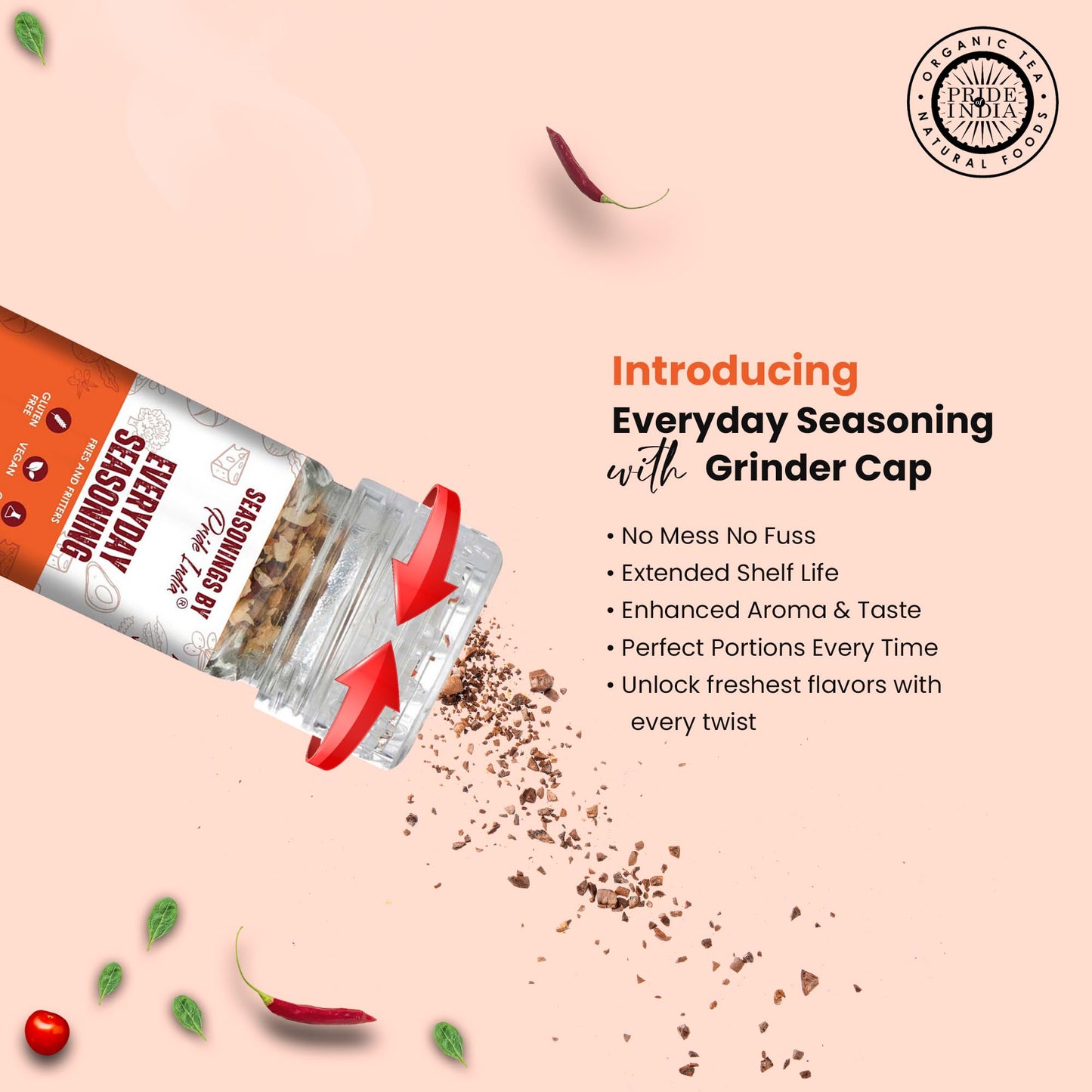Pride Of India Everyday Seasoning 2.3 Oz (65 Gm) W/ Convenient Grinder Cap Tangy Spicy All Purpose Mixes |Himalayan Pink Salt Ga