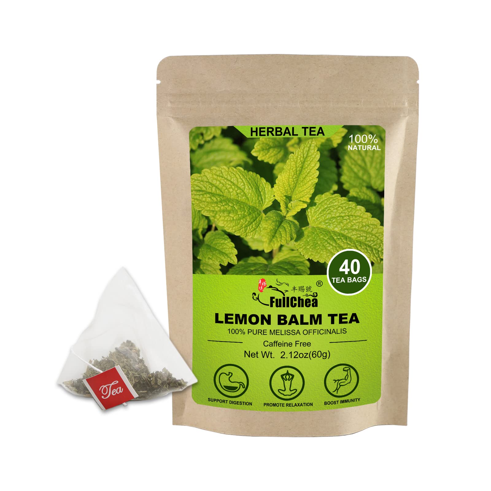 FullChea Lemon Balm Tea Bags, Caffeine-Free Herbal Tea, 40 Count, Non-GMO, Promotes Relaxation & Supports Digestion