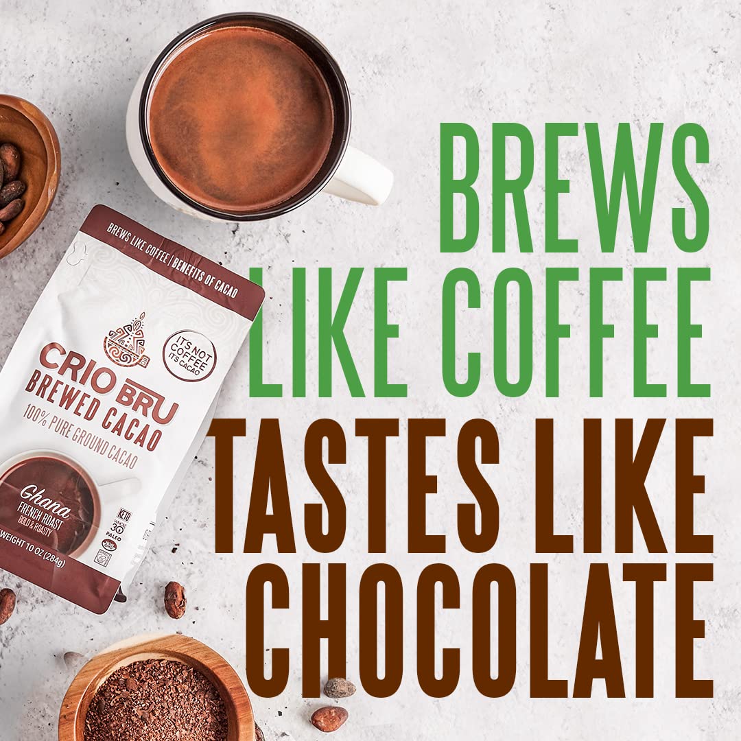 Crio Bru Brewed Cacao Coffee Alternative - Mocha Flavor, 10 Ounce, 99.99% Caffeine Free, Keto, Low Carb, Brew Hot or Iced