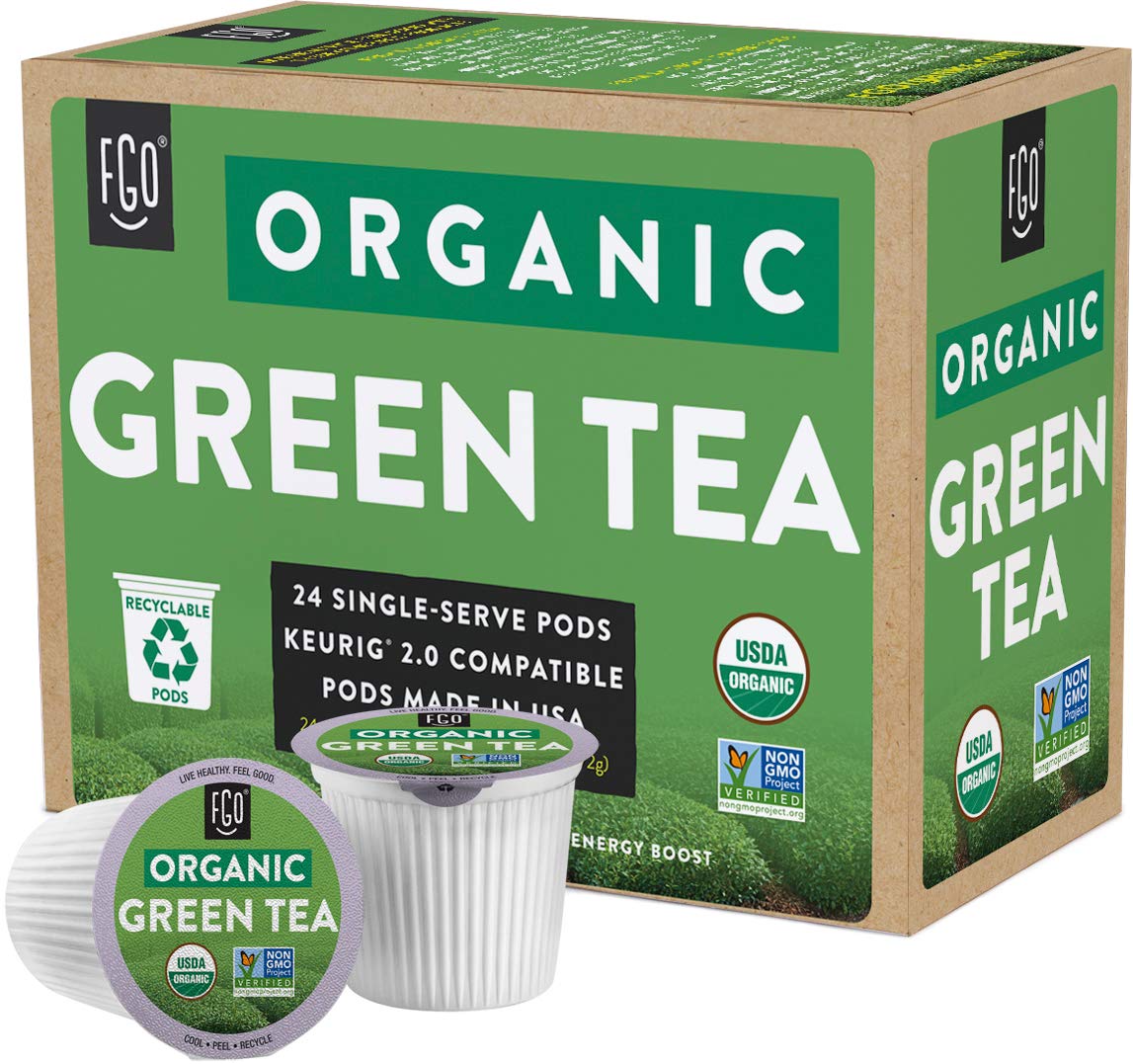 FGO Organic Green Tea K-Cup Pods, Non-GMO, Recyclable, Naturally Caffeinated, 24 Count